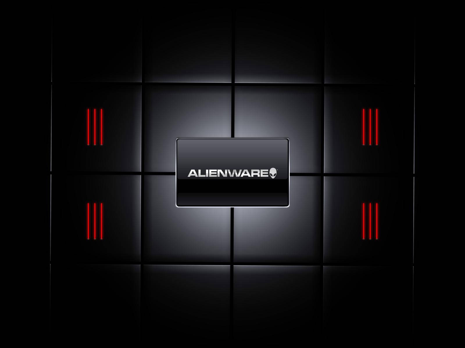 Alienware 預設入侵者美學 壁紙 — 時尚的黑色瓷磚牆，帶有發光的紅色垂直條紋和中央的Alienware標誌，由柔和的光線照亮。