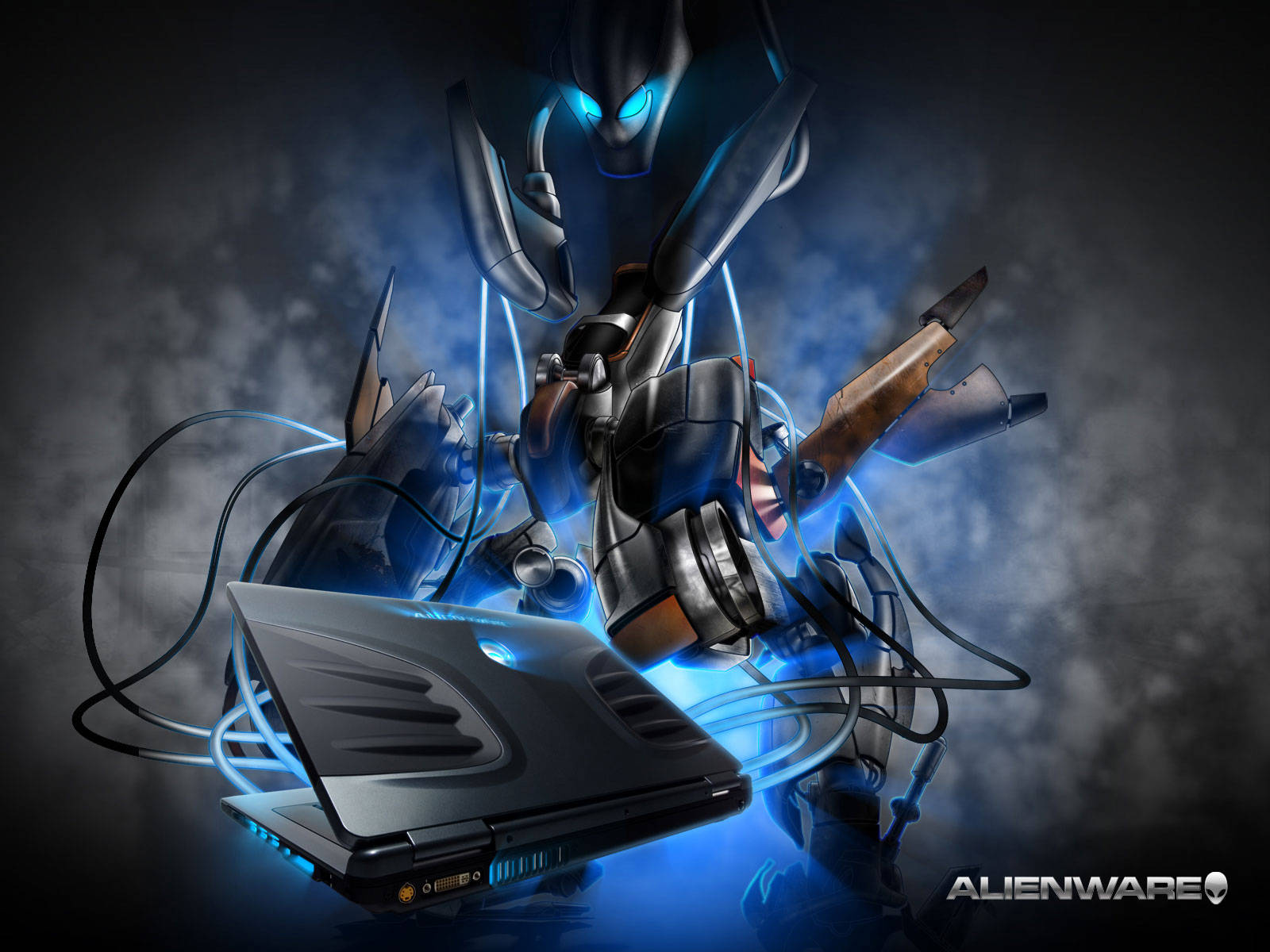 Alienware 預設機械人 壁紙 — 一個未來主義的藍色發光外星戰士從筆記型電腦中出現，周圍有電纜和煙霧在黑暗背景中旋轉。