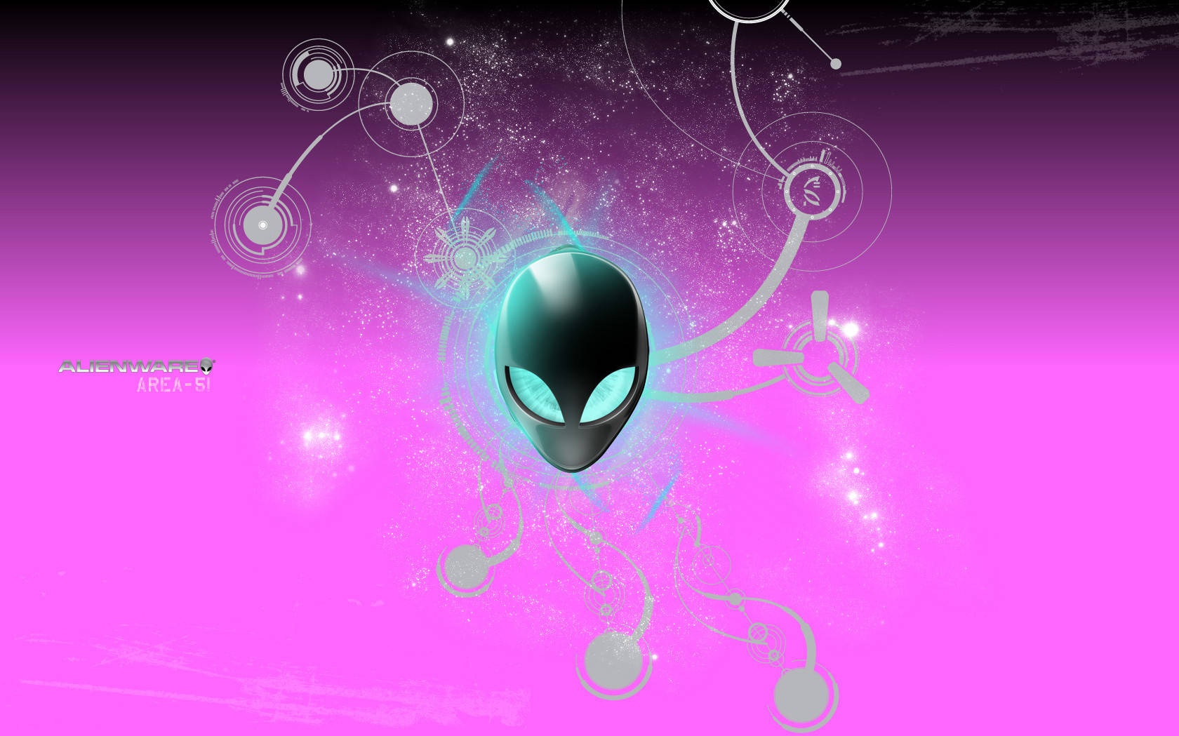 Alienware 預設粉紅美學 壁紙 — 一個發光的外星人頭部，帶有青色眼睛，漂浮在宇宙粒子和未來電路之間，背景是充滿活力的粉紅色漸變。