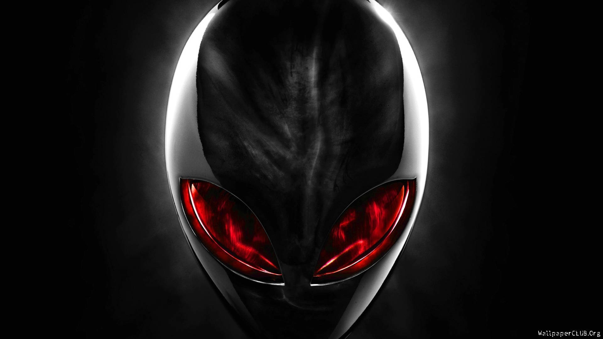 Alienware 預設紅眼頭像 壁紙 — 一個帶有發光紅眼和時尚黑白設計的威脅性外星人頭部，背景為深色。