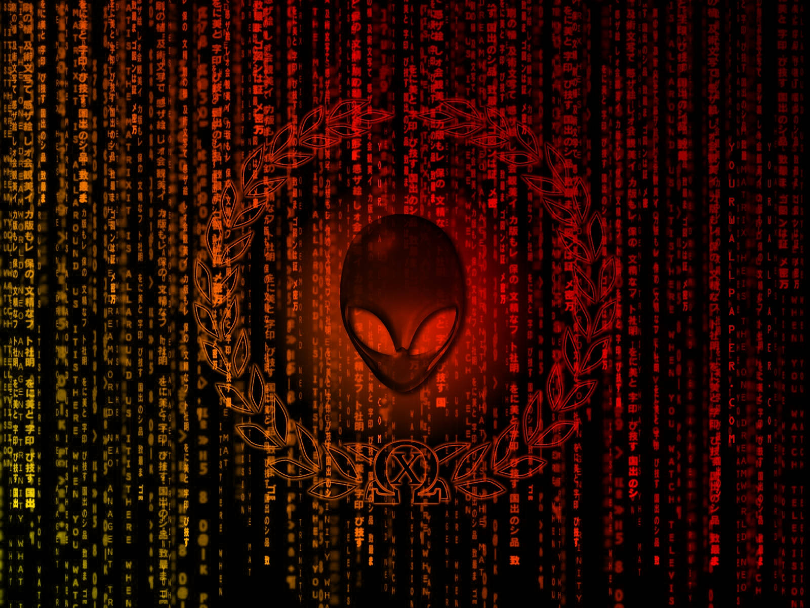 Alienware 預設紅色二進制 壁紙 — 一個發光的外星人頭部，由月桂花環環繞，背景是紅黃相間的數位代碼瀑布。