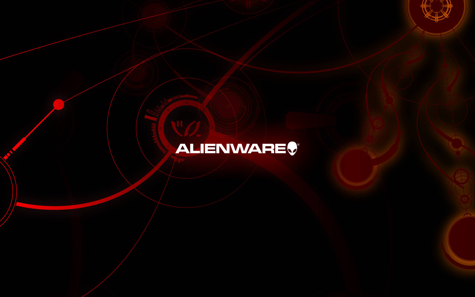 Alienware 預設紅色圖案 壁紙 — Alienware 標誌在深色背景上發出白色光芒，並帶有發光的紅色電路狀線條和圓形節點。