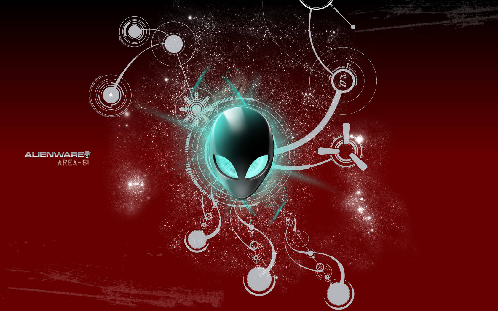 Alienware 預設紅色美學 壁紙 — 一個發光的外星人頭部，帶有青色眼睛，在深紅色宇宙背景上散發能量，並帶有白色電路狀圖案。