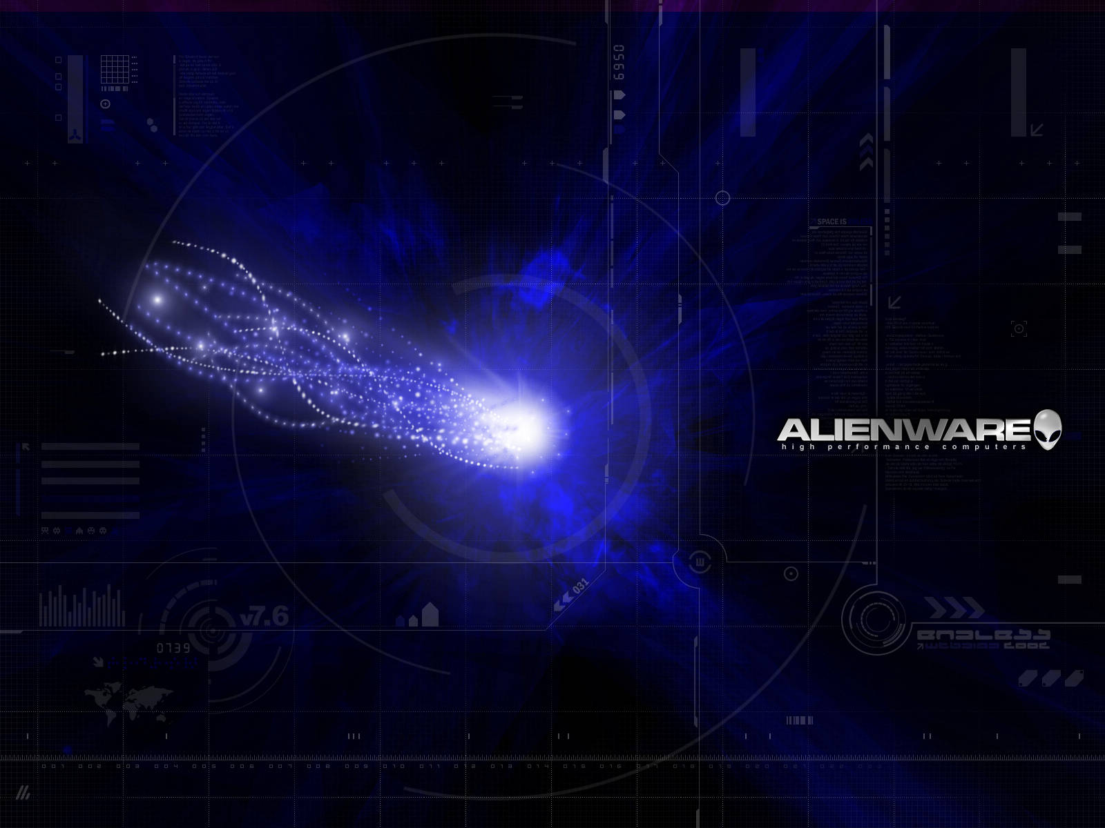 Alienware 預設藍光 壁紙 — 一道未來感的藍色能量爆發劃過黑暗的數位介面，帶有發光的HUD元素和Alienware品牌標誌。
