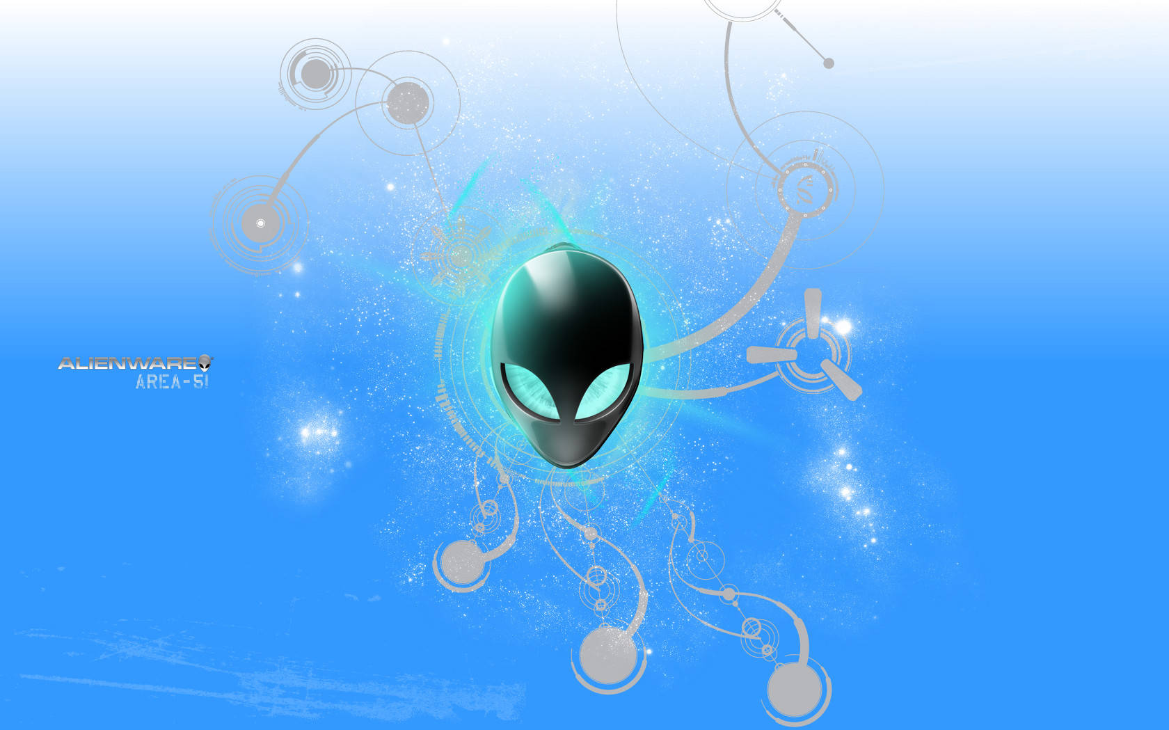 Alienware 預設藍色美學 壁紙 — 一個發光的外星人頭部，帶有青色眼睛，漂浮在旋轉的電路和閃爍的光芒中，背景是漸變藍色。