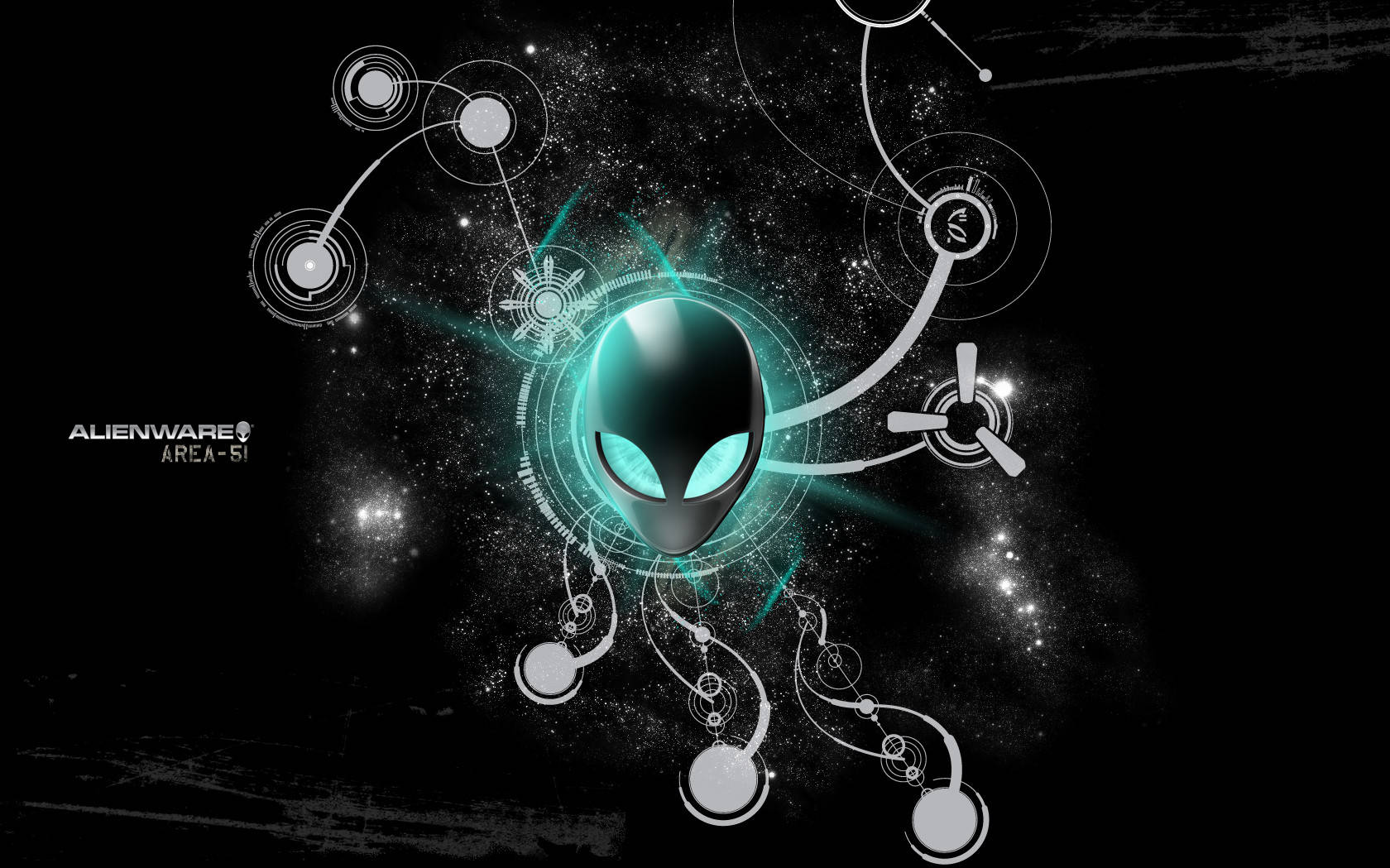 Alienware 預設黑色美學 壁紙 — 一個發光的外星人頭部，帶有青色眼睛，漂浮在太空，周圍環繞著未來電路和星星。