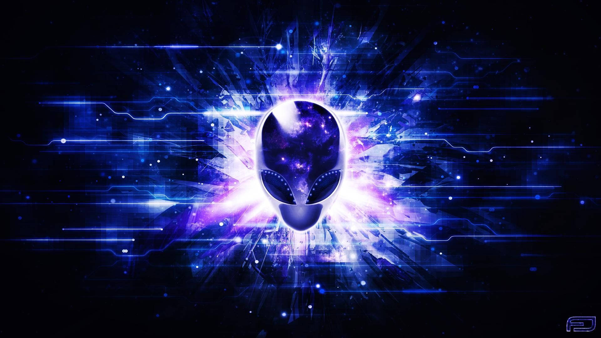 在數位太空場景中散發宇宙能量的發光外星人頭部。