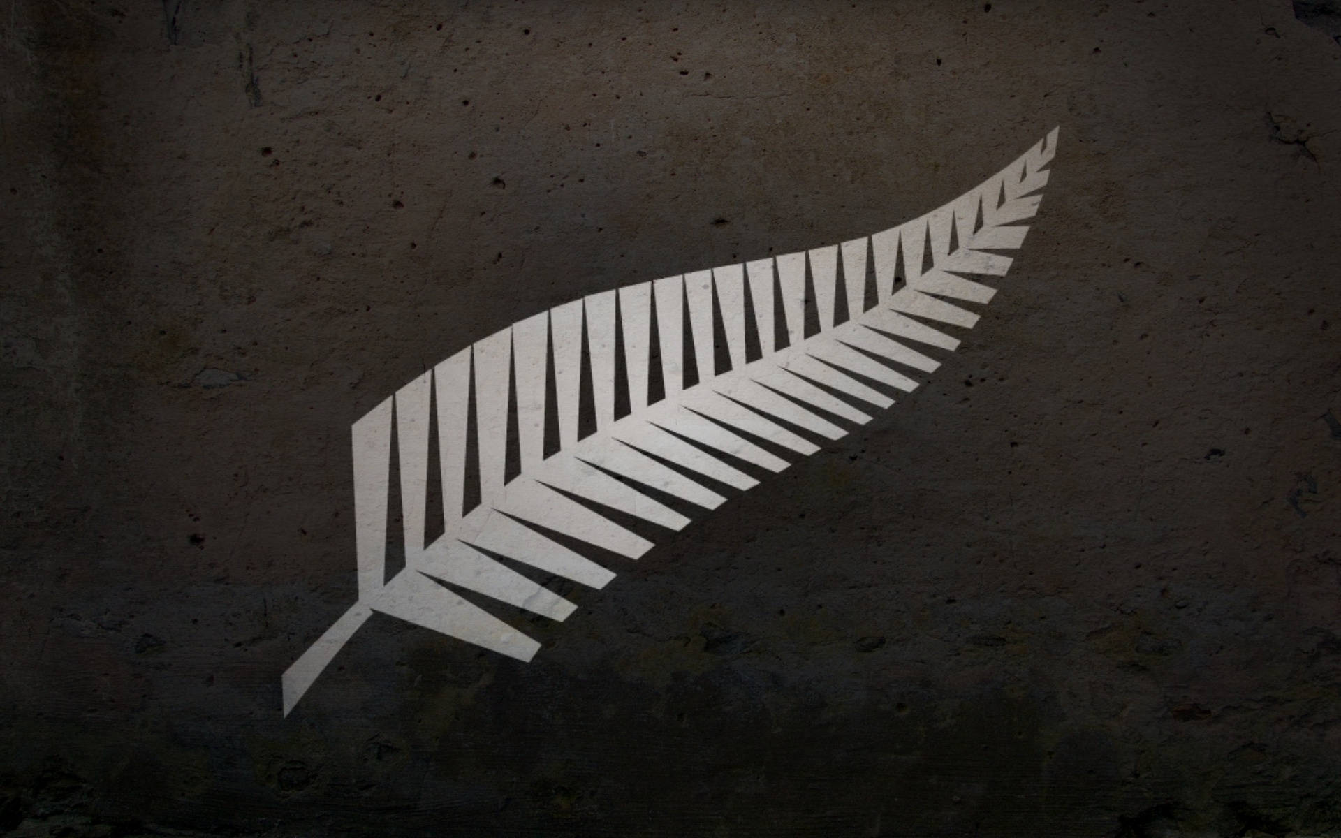 All Blacks 橄欖球隊標誌 壁紙 — 一個鮮明的白色銀蕨標誌在昏暗燈光下，在粗糙紋理的混凝土牆上投下大膽的陰影。