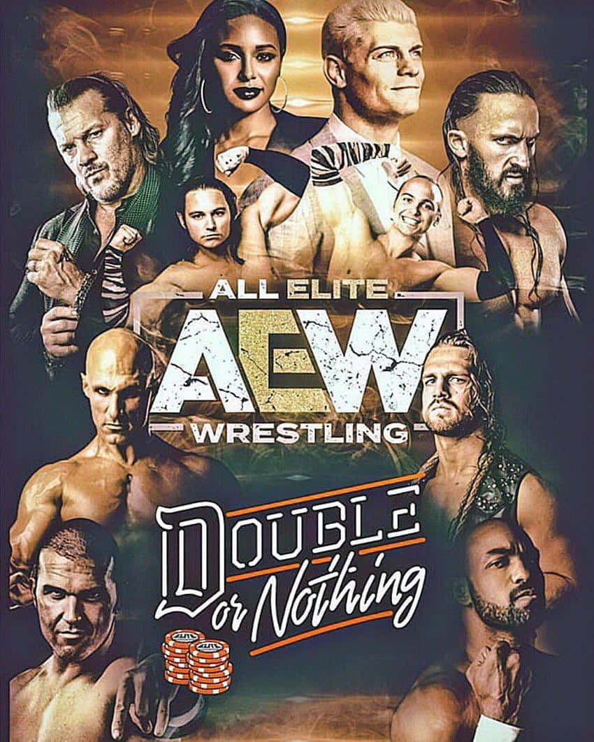 All Elite Wrestling（AEW）：摔角與娛樂的巔峰 壁紙 — 一張戲劇性的拼貼畫，展示肌肉發達的摔角手和一位女明星圍繞著AEW Double or Nothing標誌和撲克籌碼擺姿勢。