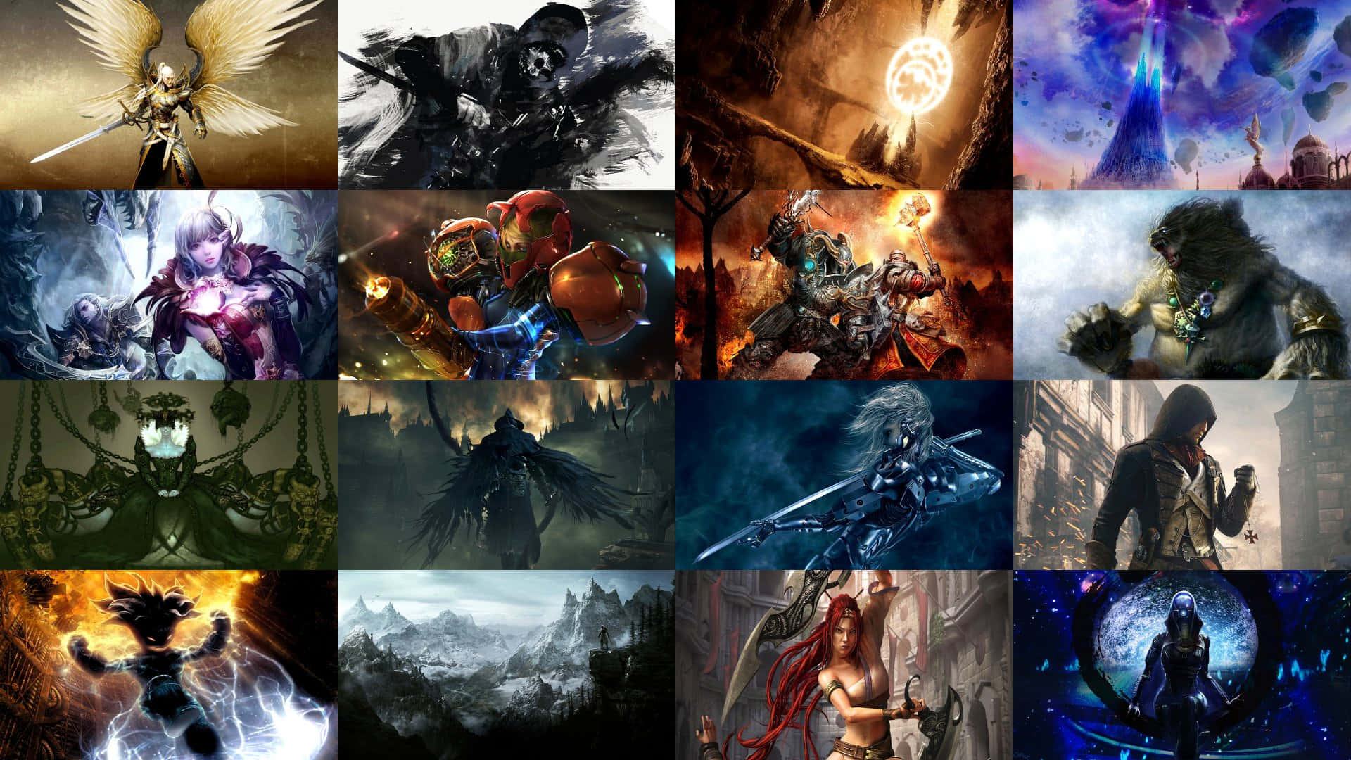 《All Games Legends》 壁紙 — 一幅由16個奇幻和科幻角色組成的拼貼畫，包括天使、戰士和怪物，以戲劇性的姿勢呈現，搭配鮮明的燈光和細緻的紋理。