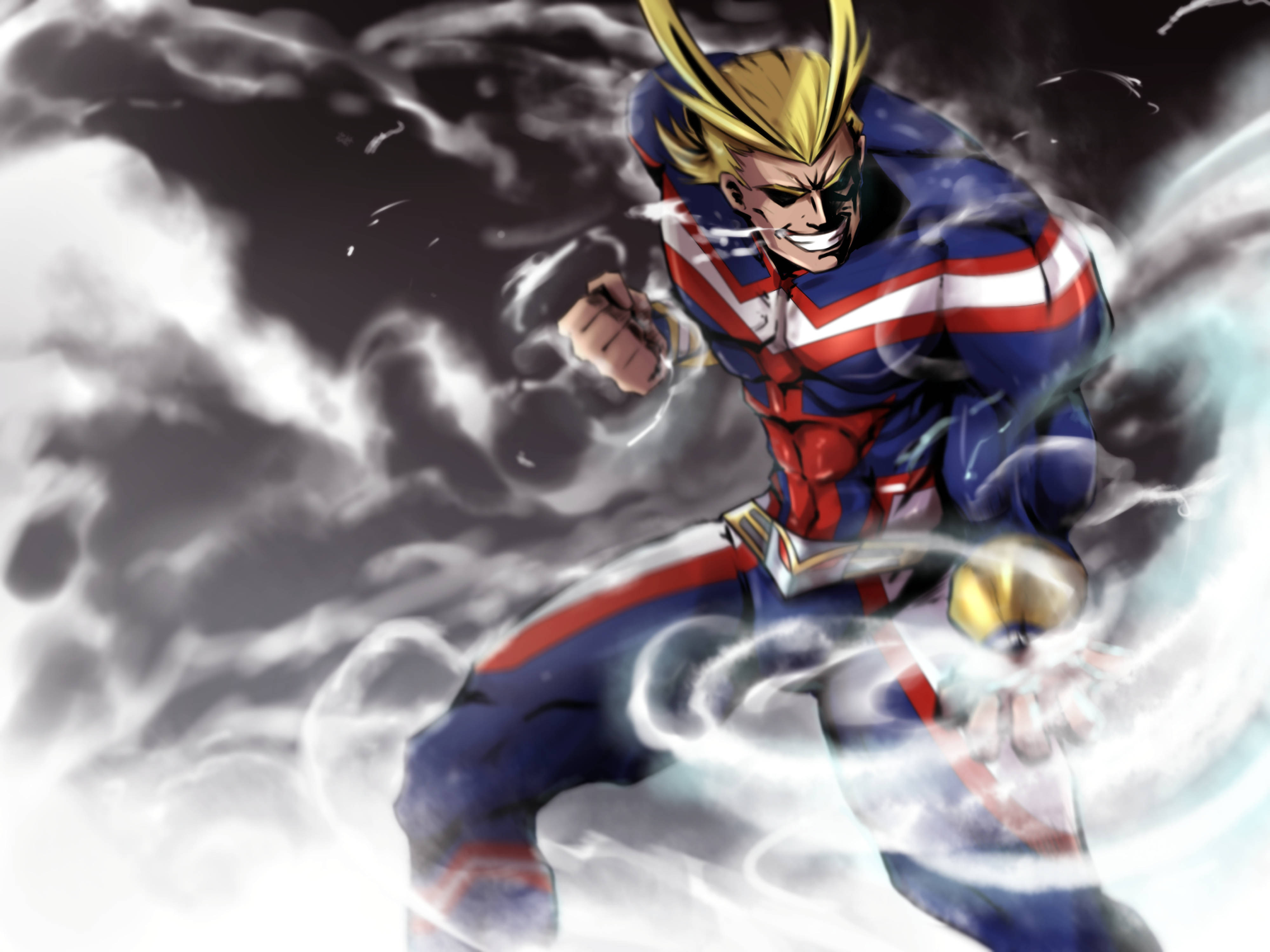 All Might 準備出拳 壁紙 — 一位充滿動感的動漫英雄，擁有尖刺金髮和藍紅白套裝，以強烈能量擊穿旋轉的暴風雲。