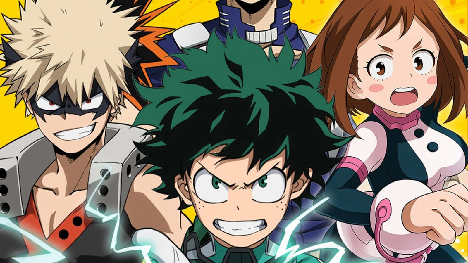 All Might and Midoriya, ready to save the world! 壁紙 — 三位動漫英雄，頭髮尖刺，表情堅定，站在明亮的黃色背景前，帶有電光藍色能量效果。