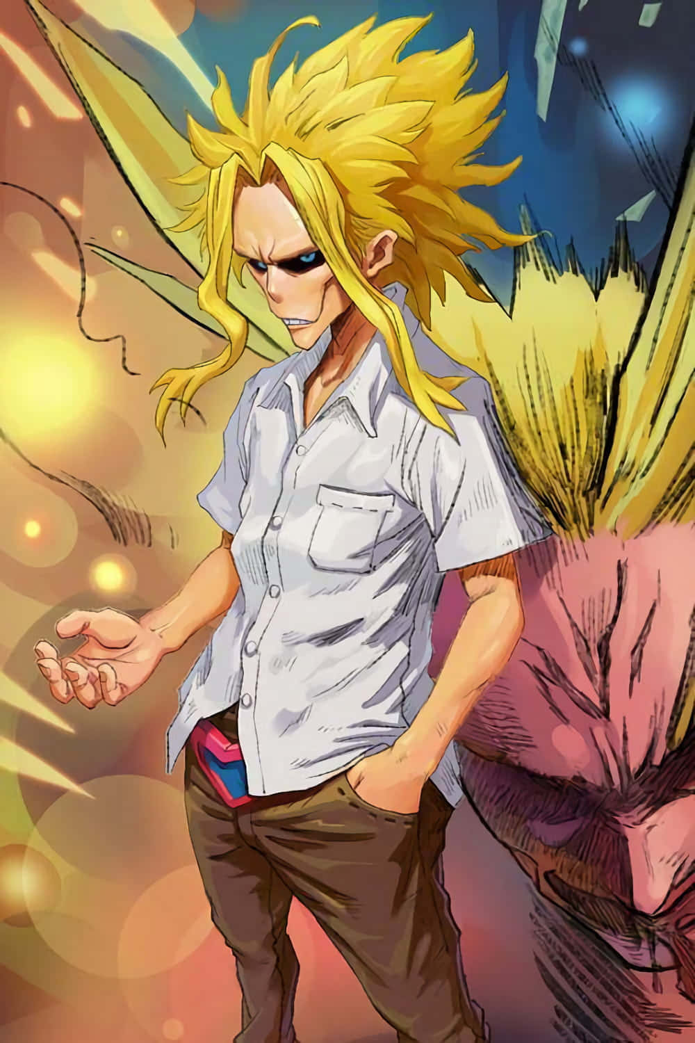 All Might Yagi 肌肉版畫面 壁紙 — 一個刺蝟頭動漫角色穿著白襯衫，一手插袋，自信地站在充滿活力的抽象背景前。