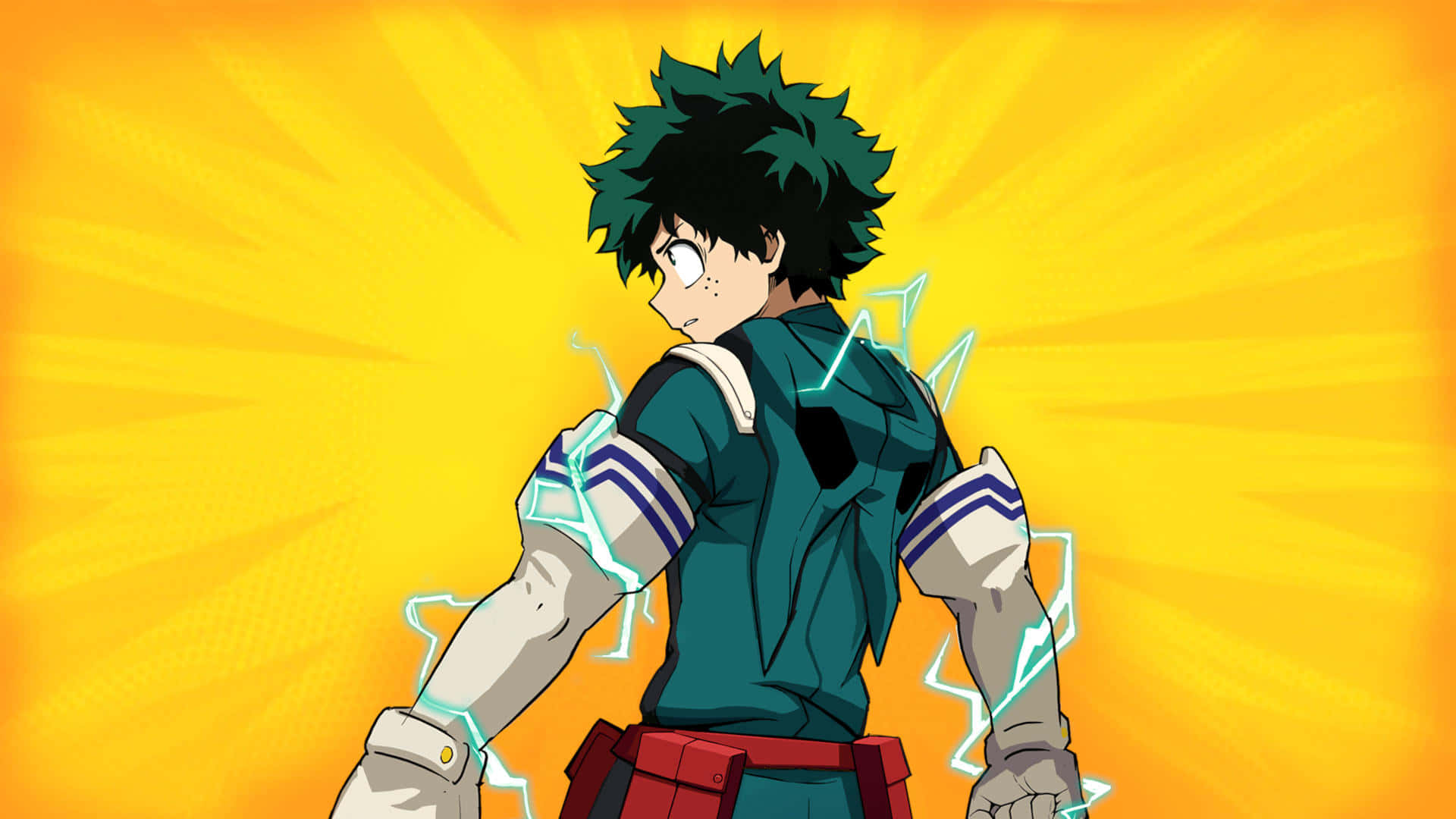 All Might 來拯救世界！ 壁紙 — 一位頭髮尖刺、身穿綠色制服的動漫英雄，背襯著燦爛的黃色太陽爆發，手臂周圍閃爍著發光的藍色能量。