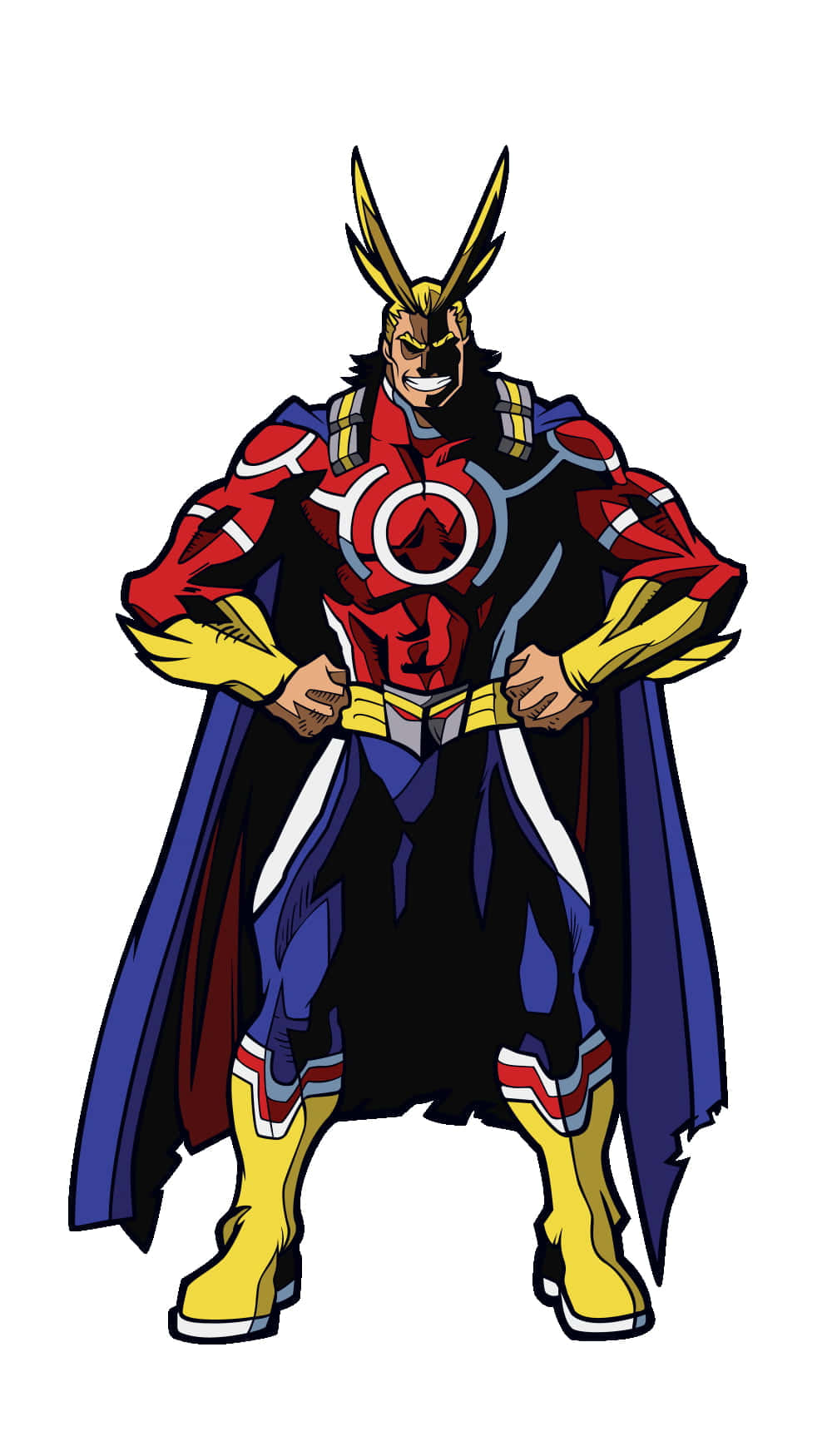 All Might 全身白色背景畫 壁紙 — 一個肌肉發達的超級英雄，頭戴金色角，身穿紅藍黃色套裝，雙手叉腰自信地站立。