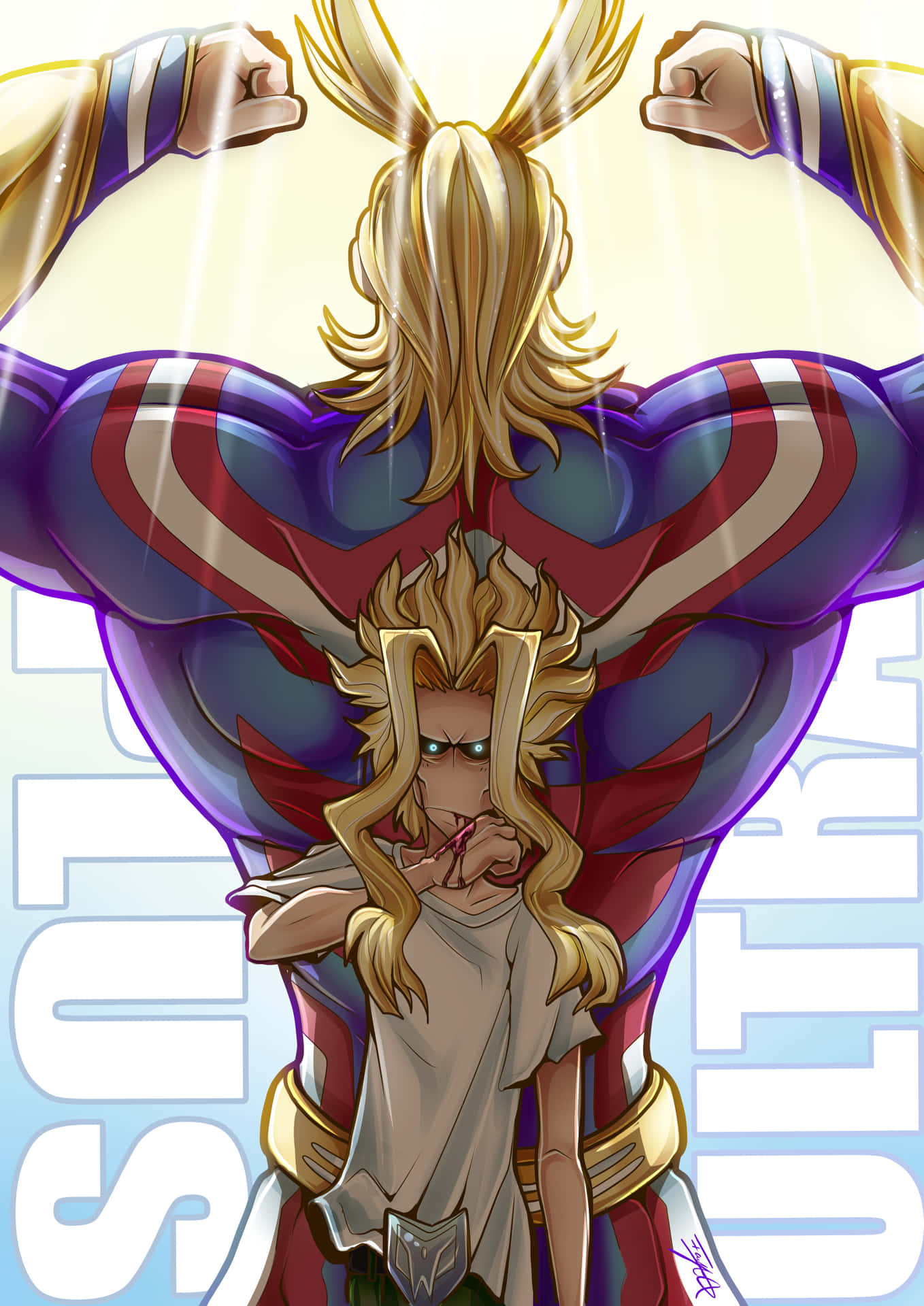 All Might 兩種形態背對背畫 壁紙 — 一位強大的動漫英雄，金色頭髮和肌肉發達的背部，在明亮的背景下以動態姿勢展現，散發著能量光芒。