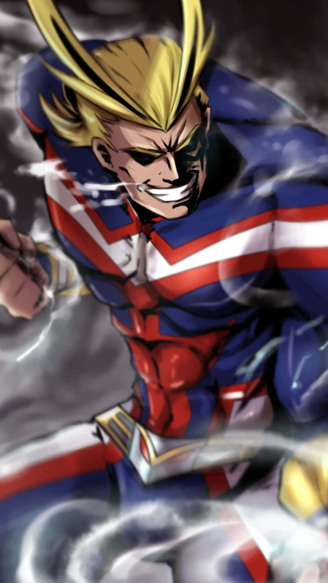 All Might 原創同人畫面 壁紙 — 一個充滿活力的動漫英雄，擁有尖刺金髮和藍紅白套裝，帶著強烈的笑容穿過旋轉的煙霧。