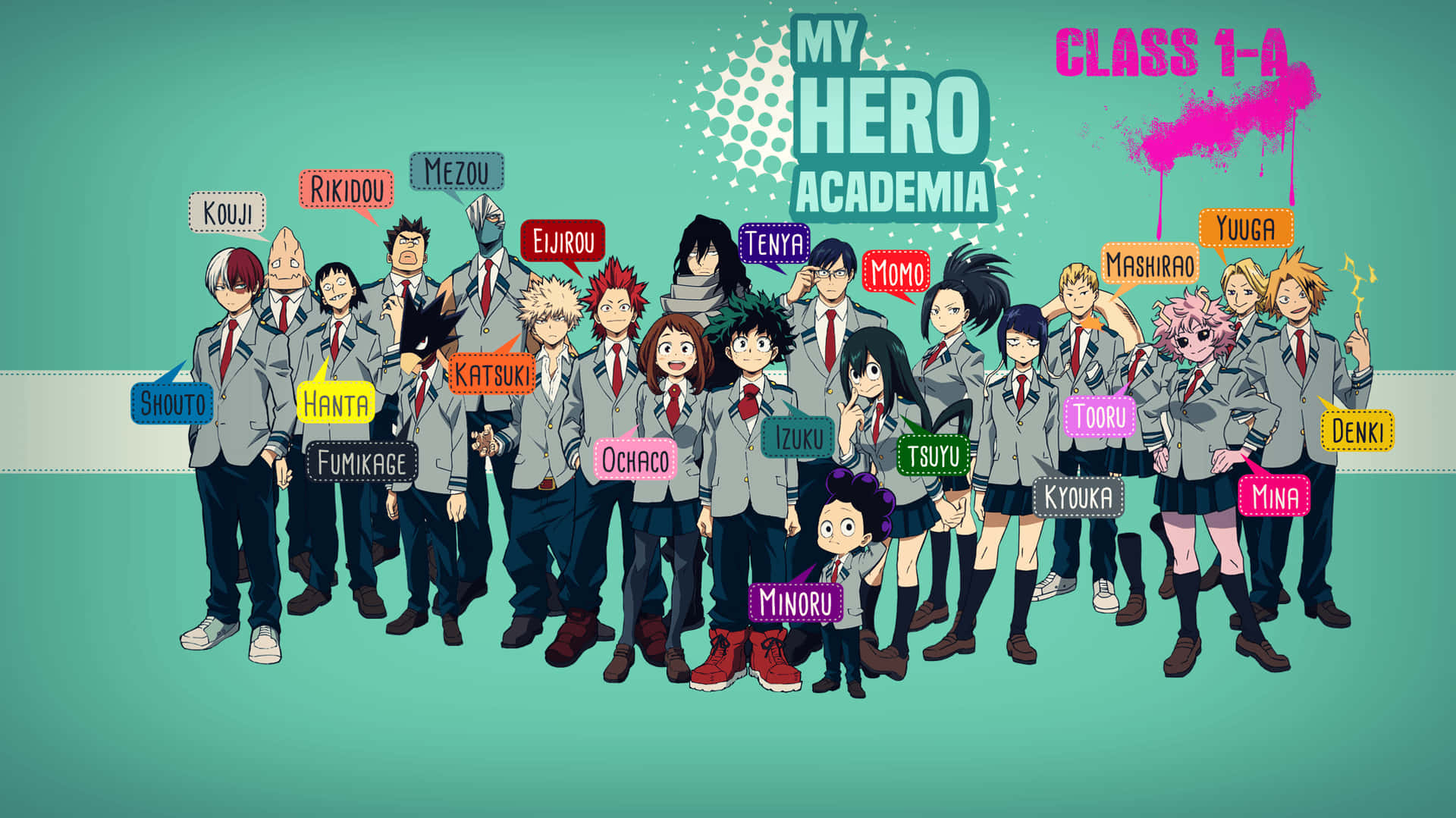 All Might，和平的象徵 壁紙 — 來自《我的英雄學院》的1-A班學生，以帶有名牌的鮮豔動畫群像站立。