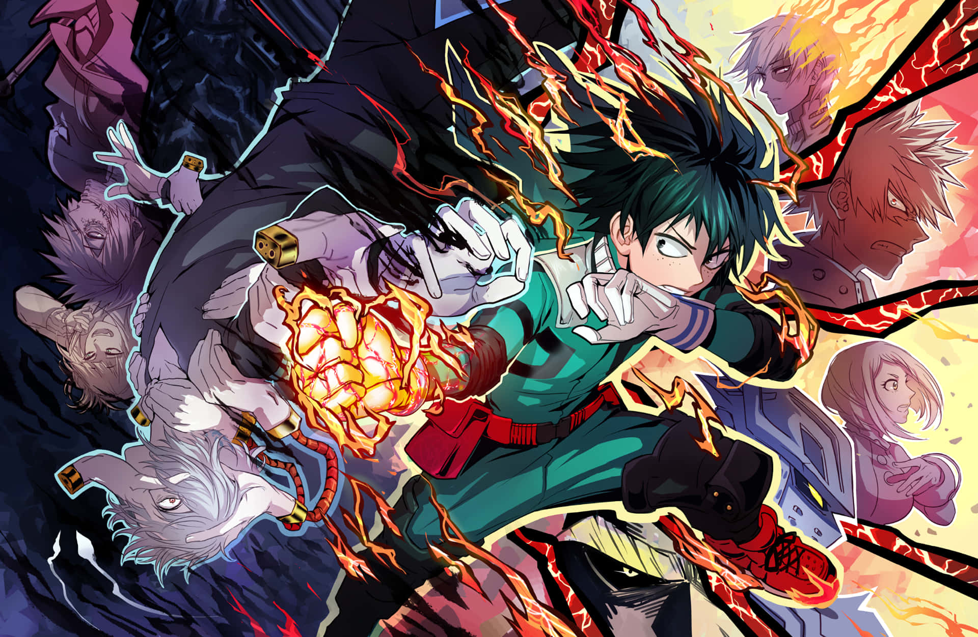 All Might，和平的象徵 壁紙 — 一個充滿活力的動漫英雄在混亂的戰鬥場景中釋放出熾熱的能量，周圍有多個角色。