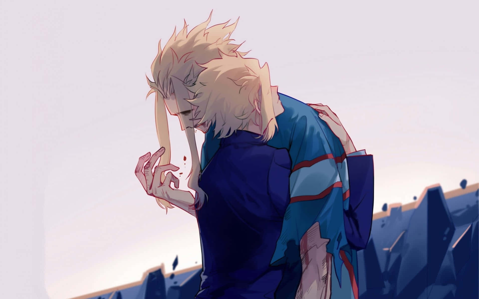 All Might 年輕與年長擁抱畫 壁紙 — 一個頭髮尖刺的動漫角色，身穿藍色制服，一手放在胸前，向前傾，背景是淡色天空和鋸齒狀的藍色結構。