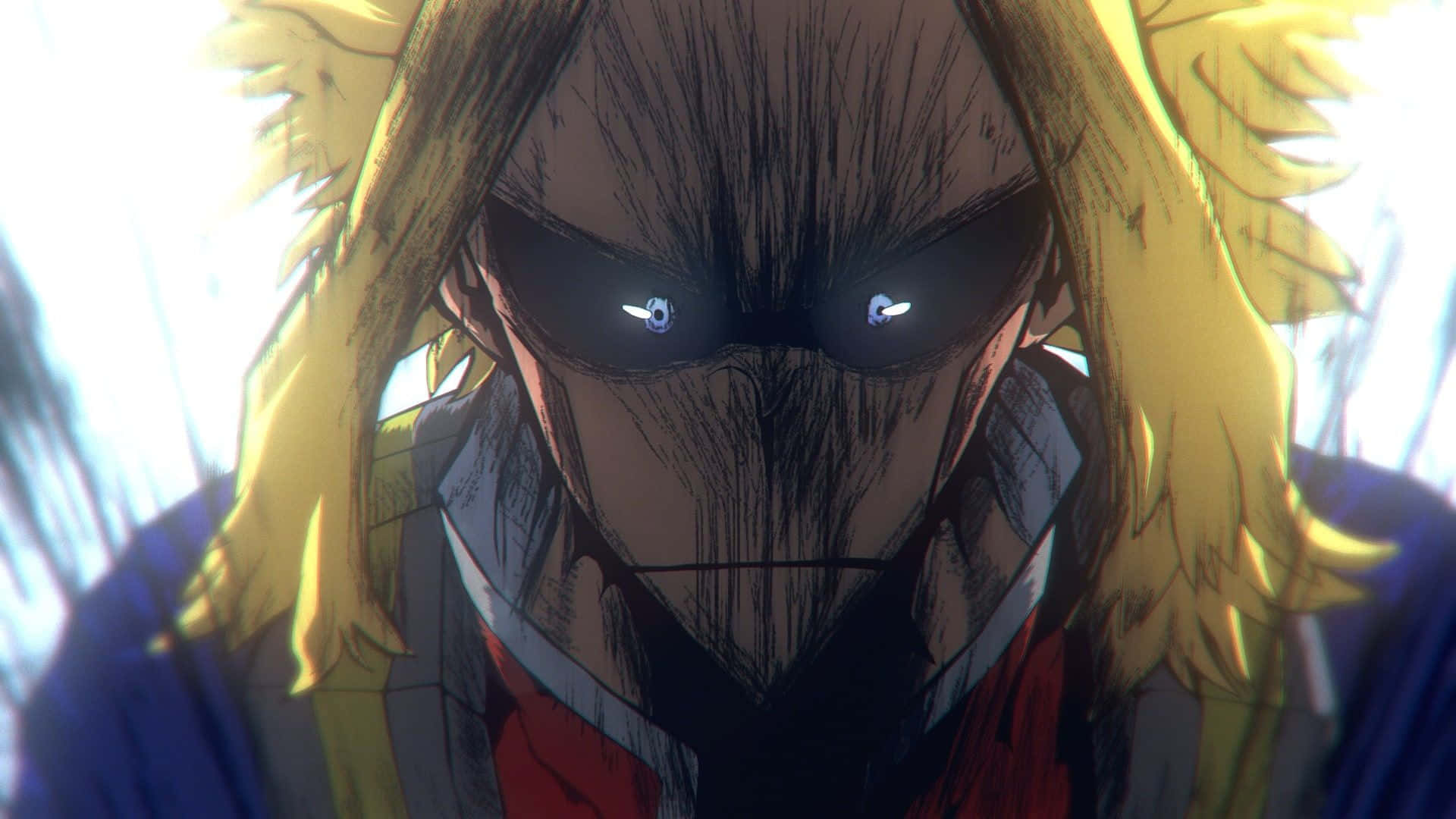 All Might 幽默表情畫面 壁紙 — 一個動漫角色的特寫，有著尖刺金髮和深色太陽眼鏡下發光的眼睛，強烈地向前凝視。