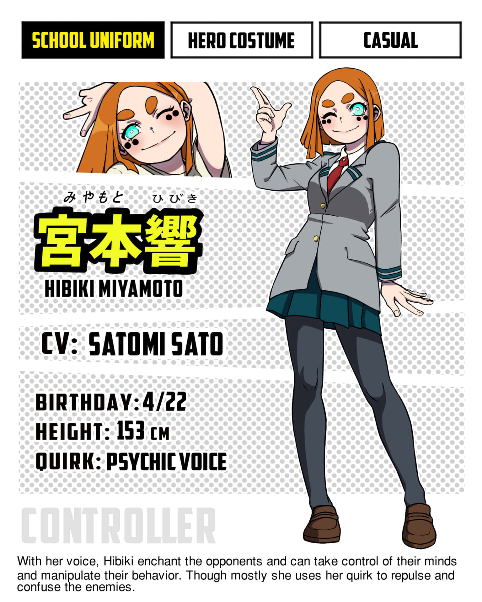 All Might，《我的英雄學院》 壁紙 — 動漫女孩，橙色頭髮，藍綠色眼睛，穿著校服，在灰色圓點背景前開心地擺姿勢。