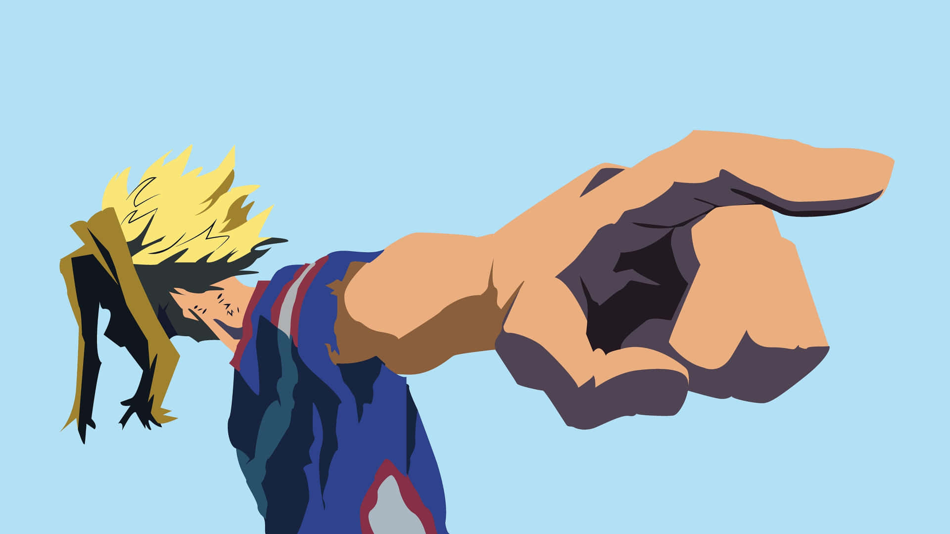 All Might 指向畫面 壁紙 — 動漫角色，黃色尖刺頭髮，藍色服裝，在純淺藍色背景上向前出拳。