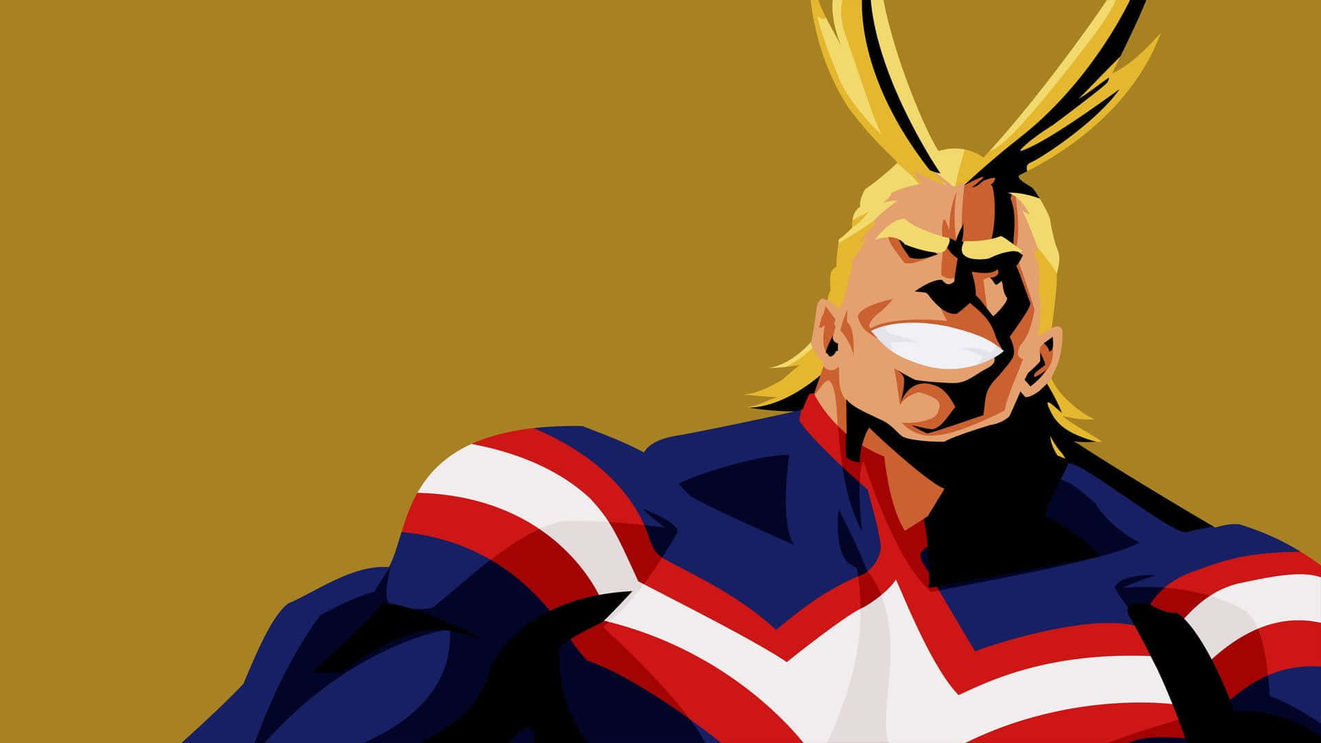All Might 最簡黃底畫 壁紙 — 一個風格化的動漫英雄，有著尖刺金髮和堅定的笑容，穿著藍色、紅色和白色的超級英雄服裝，背景是純芥末黃色。
