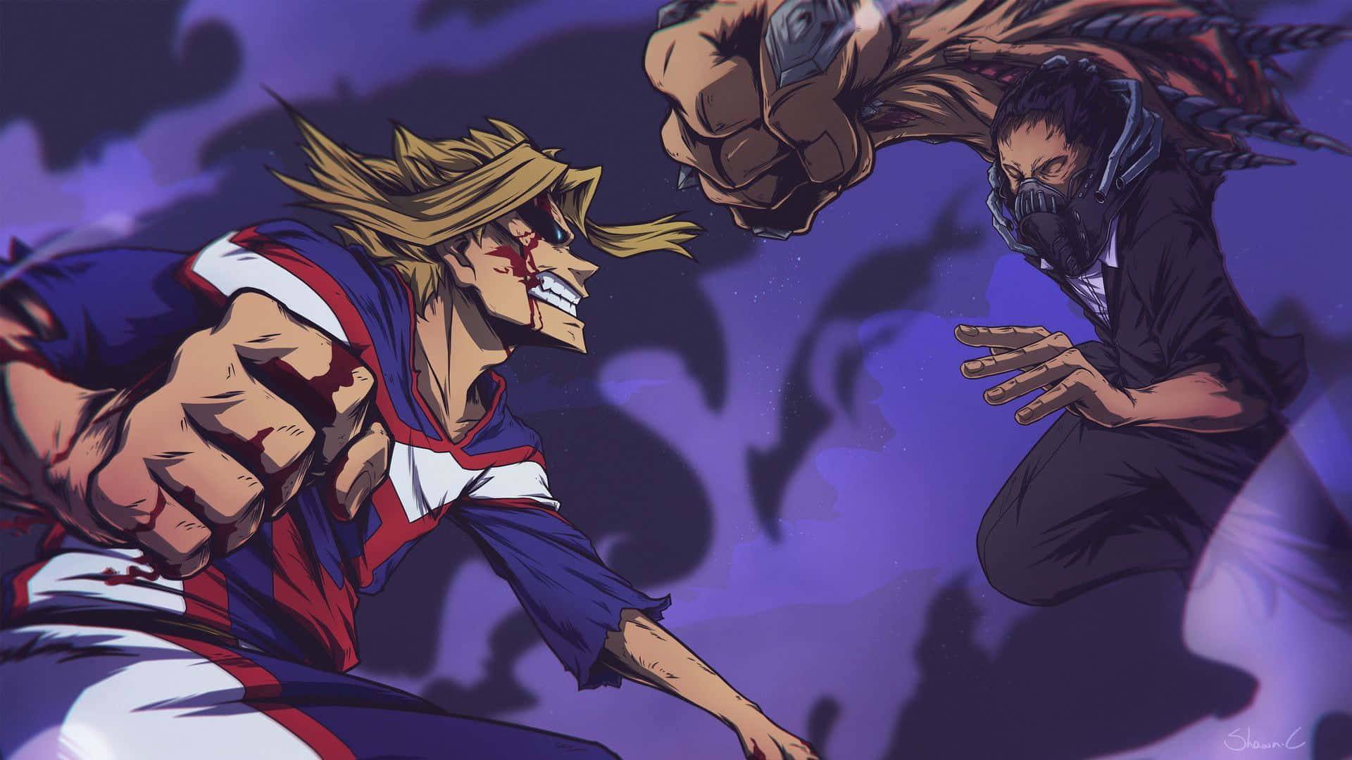 All Might 校服戰鬥畫面 壁紙 — 兩個動漫戰士在深紫色天空下激烈交鋒，滿臉鮮血，表情猙獰。