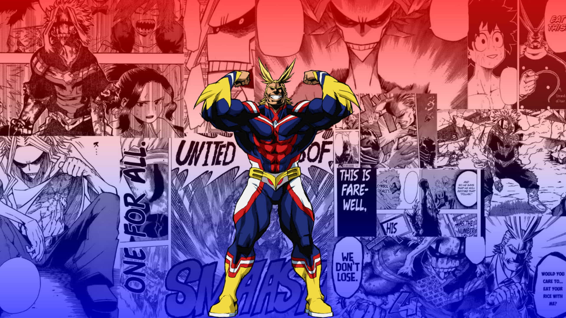 All Might 漫畫背景畫面 壁紙 — 一個充滿活力的動漫英雄，身穿藍、紅、黃色套裝，強而有力地站在由漫畫面板組成的拼貼畫中，帶有鮮明的紅色和藍色漸變。