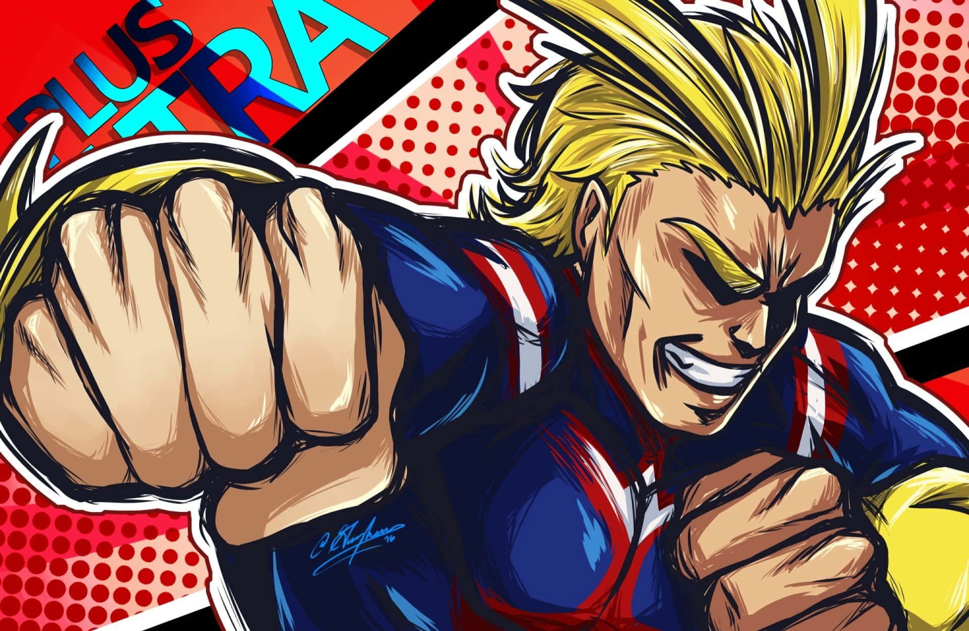 All Might 漫畫風格畫面 壁紙 — 一個充滿活力的動漫英雄，有著尖刺的金色頭髮，在紅色圓點背景前以大膽的漫畫風格向前出拳。