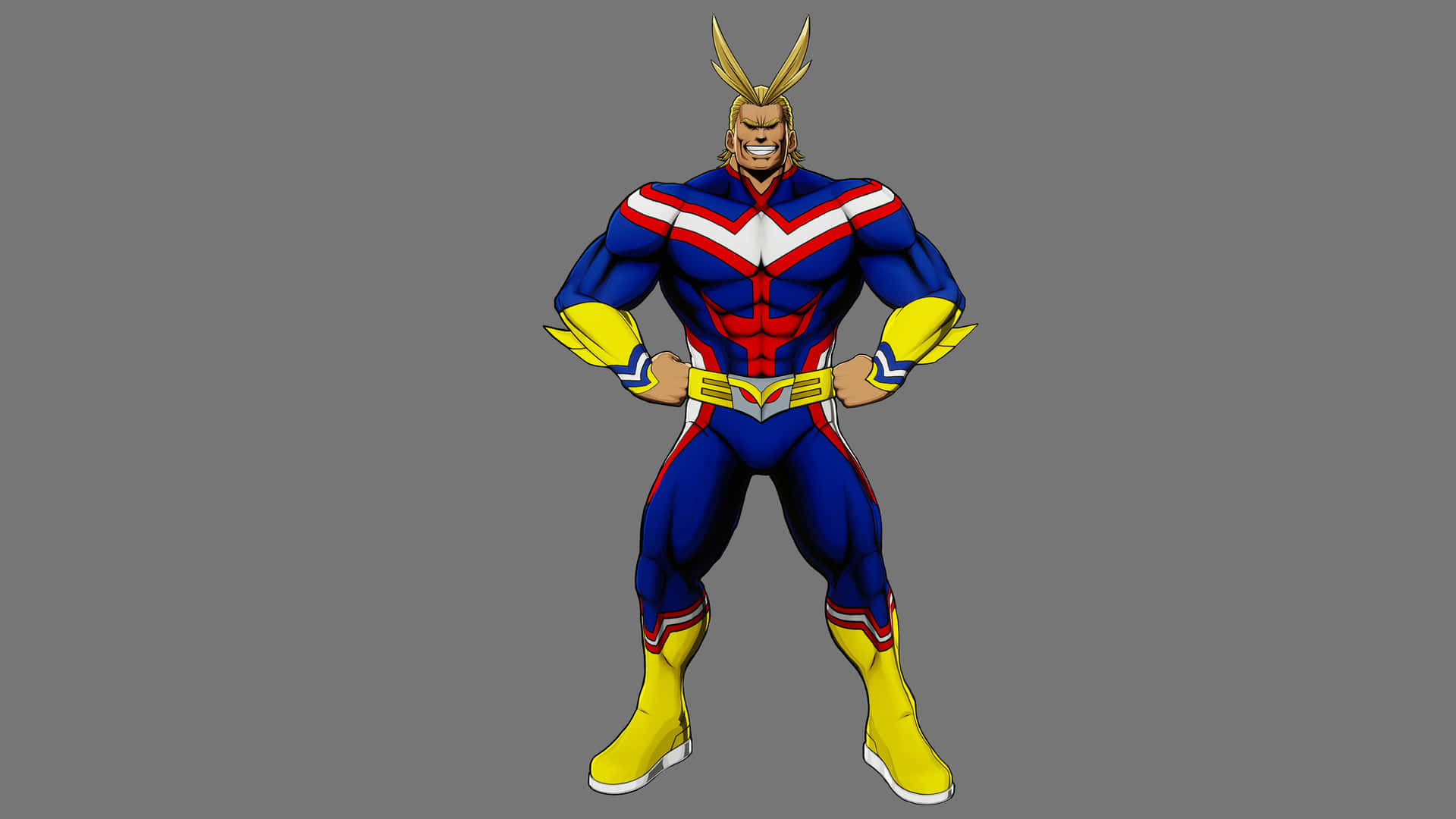 All Might 灰色背景全身畫 壁紙 — 一個肌肉發達的動漫超級英雄，金色頭髮，穿著藍紅黃色套裝，自信地站在純灰色背景前。