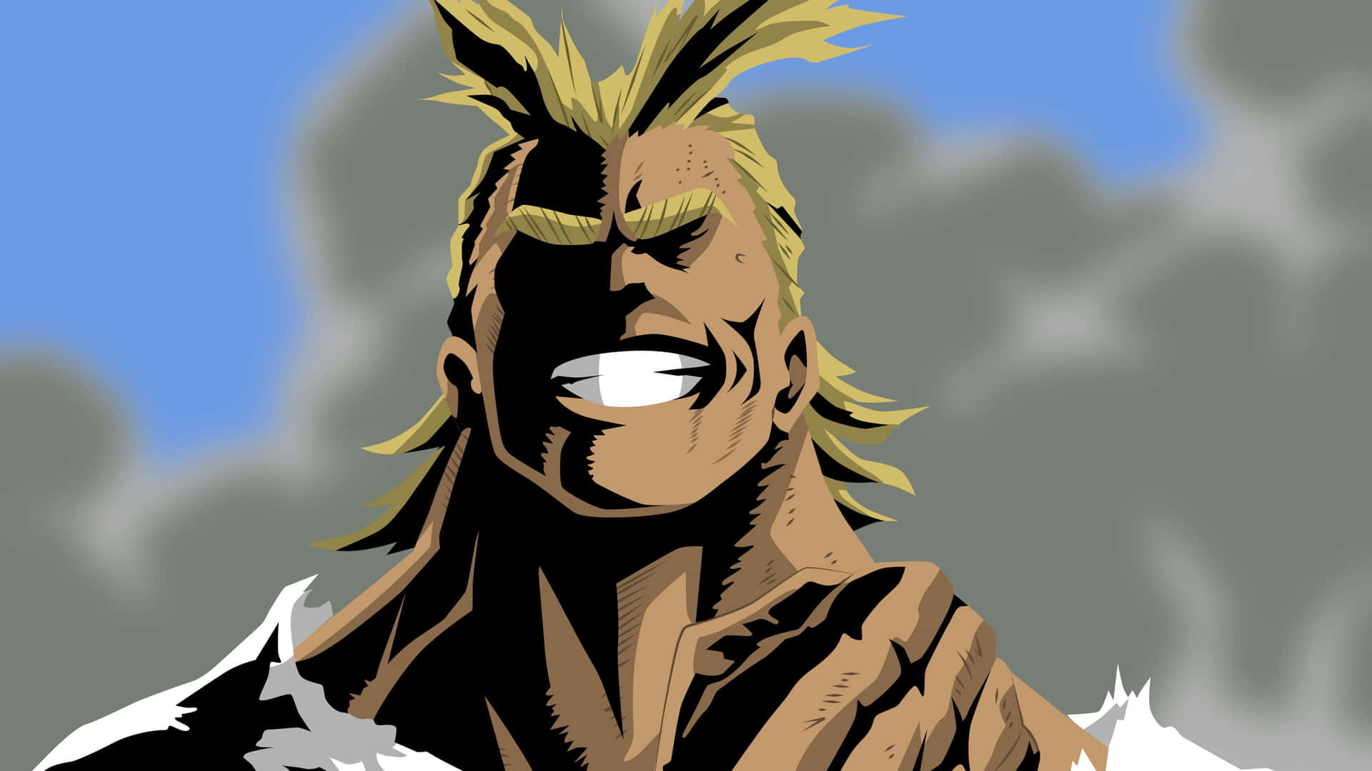 All Might 無邊框臉部特寫畫 壁紙 — 一個兇猛的動漫角色，擁有尖刺金髮和堅定的笑容，背景是陰天。