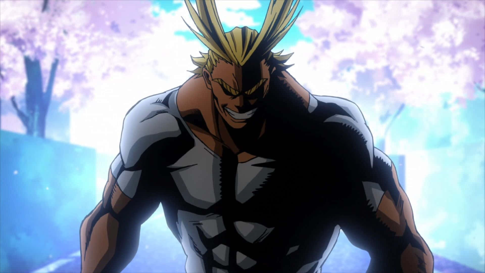 All Might 白襯衫畫面 壁紙 — 一個肌肉發達的動漫英雄，有著尖刺的金髮和兇猛的笑容，站在盛開的櫻花和柔和的藍天背景下。