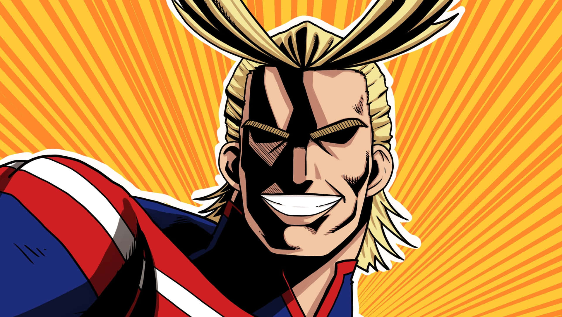 All Might 經典臉部特寫畫面 壁紙 — 一個充滿活力的動漫英雄，擁有尖刺金髮和大膽的紅白藍套裝，在燦爛的黃橙色太陽爆發背景下兇猛咧嘴笑。