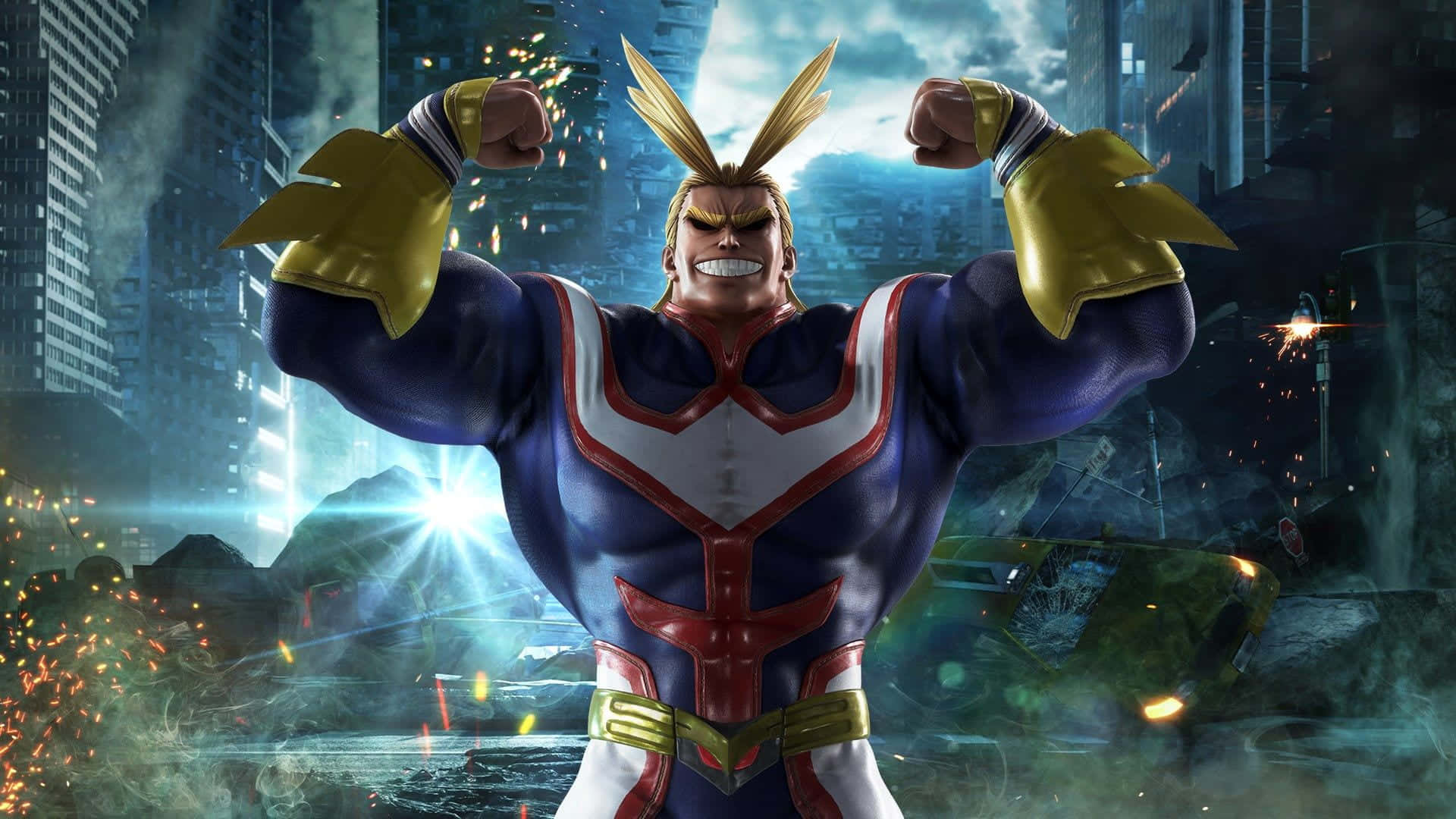 All Might 肌肉爆發姿勢畫面 壁紙 — 一個肌肉發達、金色尖刺頭髮的動漫英雄在發光的天空下，於廢墟城市中強力展示肌肉。