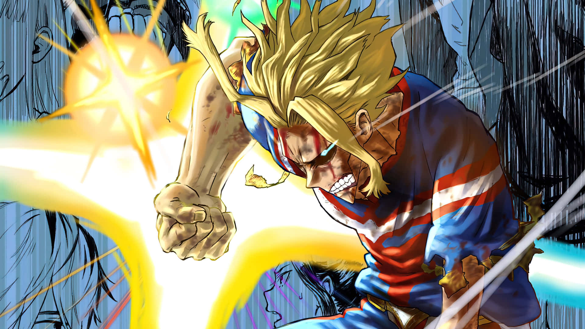 All Might 訓練服使用能力畫 壁紙 — 一位金髮動漫英雄身穿藍、紅、白色套裝，在黑暗背景下向前出拳，釋放出明亮的黃色能量爆炸。