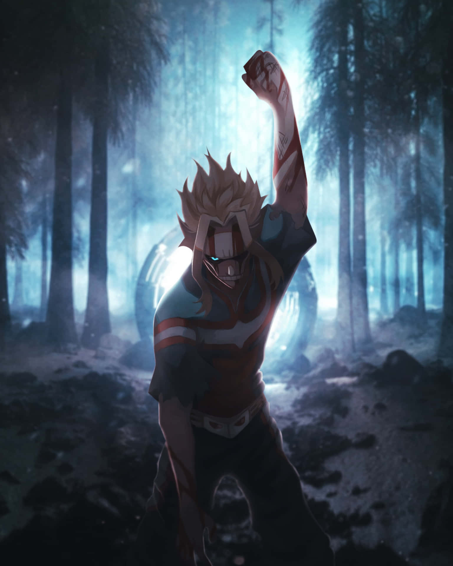 All Might 訓練服舉手畫 壁紙 — 一位堅定的動漫英雄，有著刺刺的金色頭髮，在散發藍光的迷霧森林中舉起拳頭。