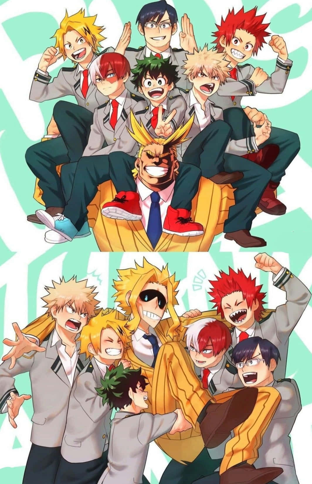 All Might 載著朋友畫 壁紙 — 一群充滿活力的動畫年輕英雄穿著校服，在薄荷綠色背景前充滿活力地擺姿勢。