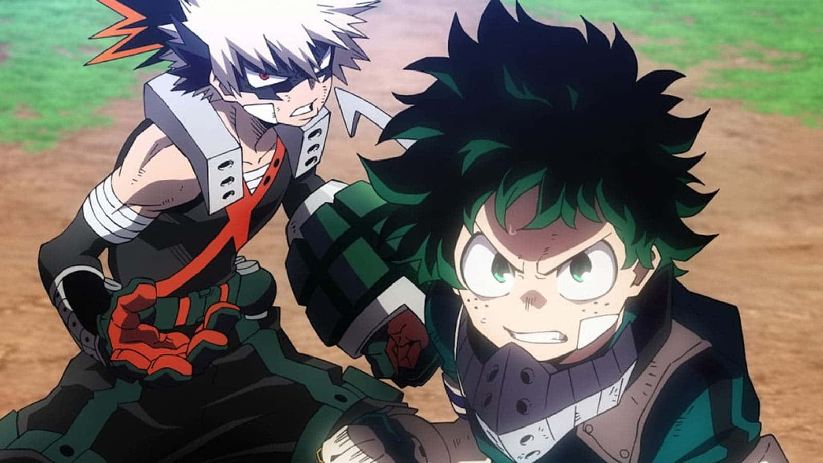 All Might 轉變時的強大姿態 壁紙 — 兩位動漫英雄，頭髮尖刺，表情堅定，蹲在草地上。