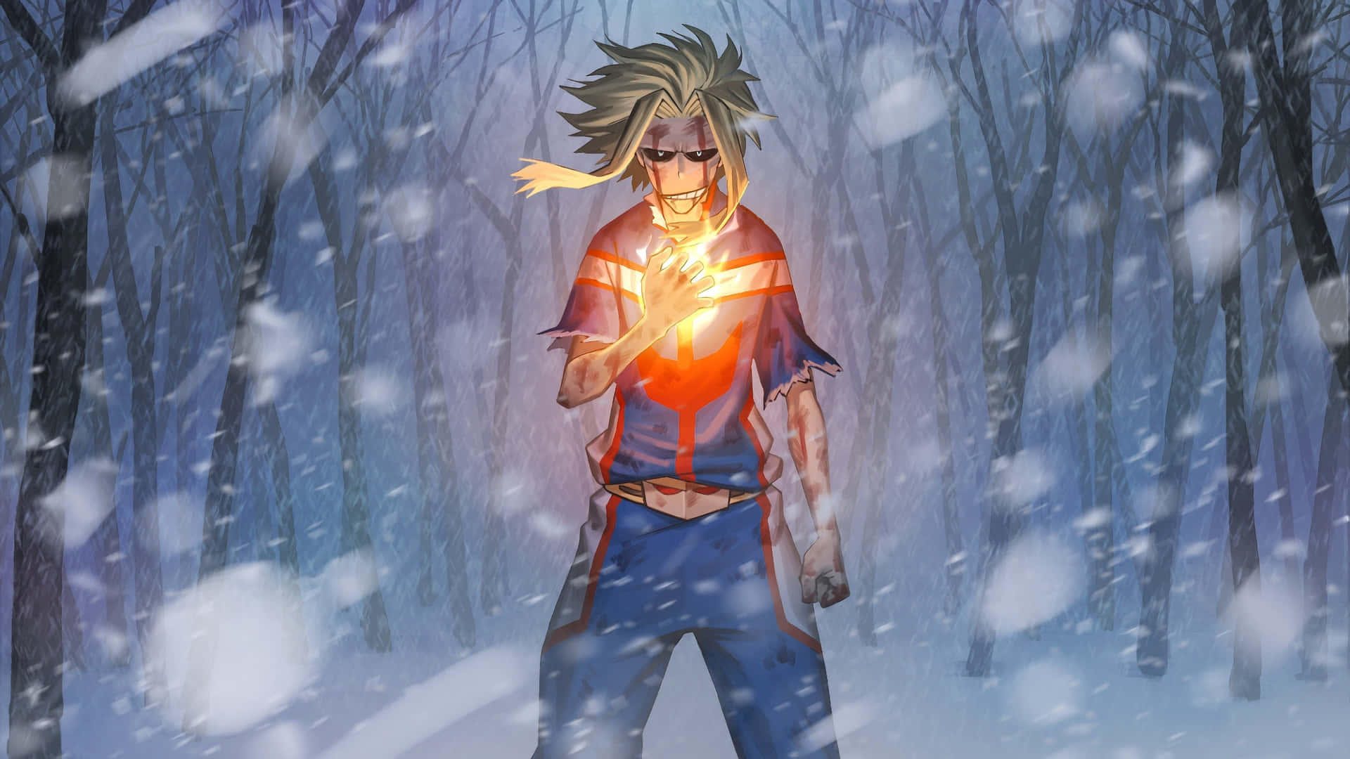 All Might 雪地虛弱狀態畫面 壁紙 — 一個刺蝟頭髮的動漫角色，穿著藍色和橙色服裝，站在雪地森林中，胸口發出光芒，雪花在他周圍飄落。