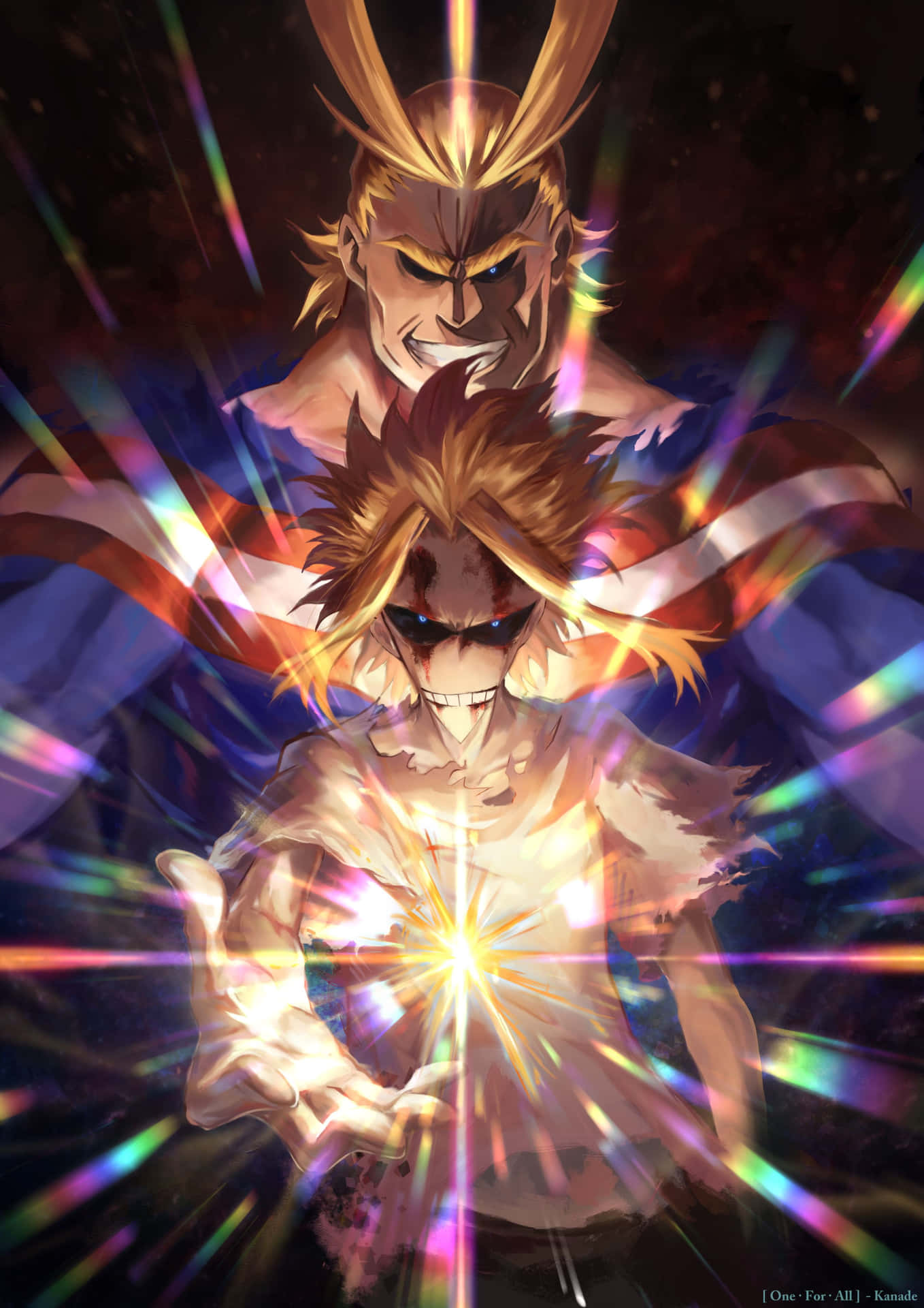 All Might 霹靂閃耀畫面 壁紙 — 一個擁有尖刺頭髮的強大動漫英雄從手中釋放出光芒四射的能量，而他身後一個更大的自己則聳立在黑暗的宇宙背景下。