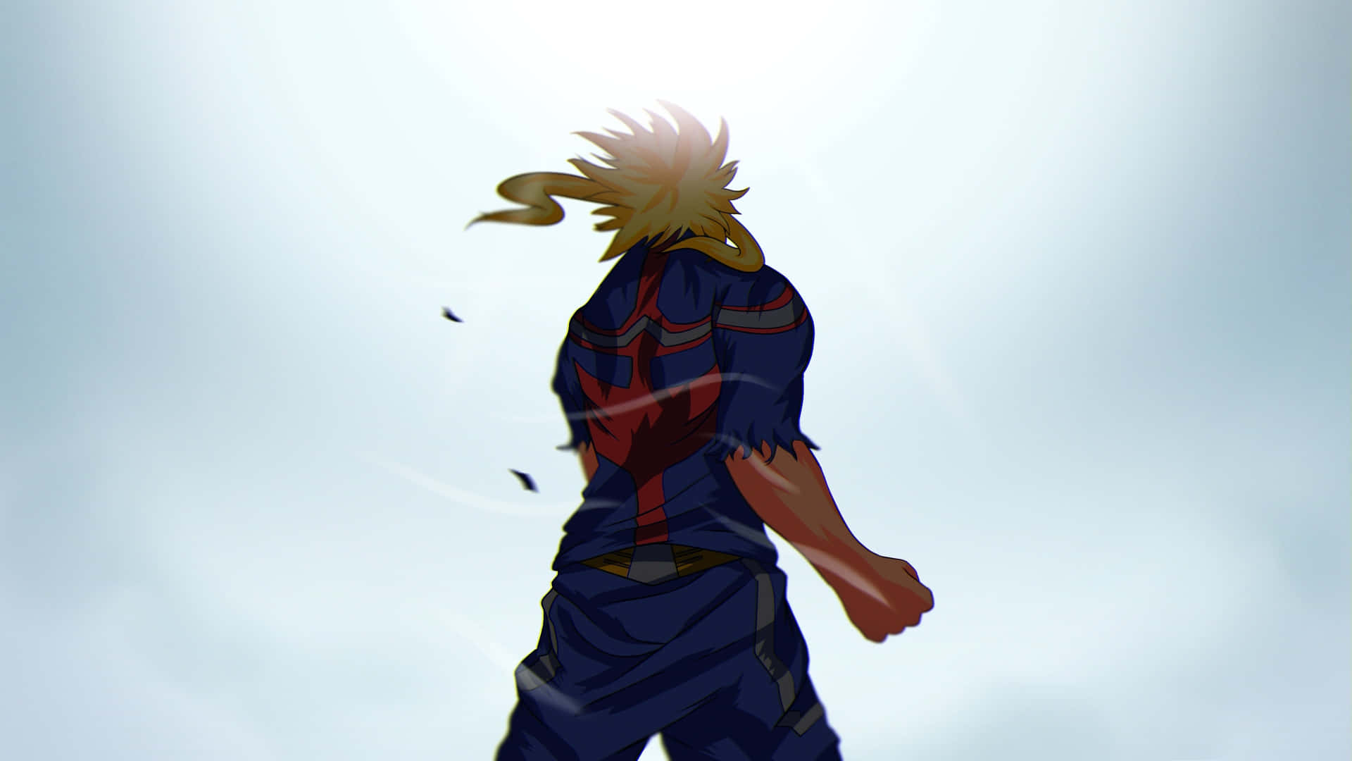 All Might 面向太陽圖 壁紙 — 一位頭髮尖刺的動漫英雄，身穿藍紅套裝，在明亮的發光天空下向前奔跑，帶有動態模糊效果。