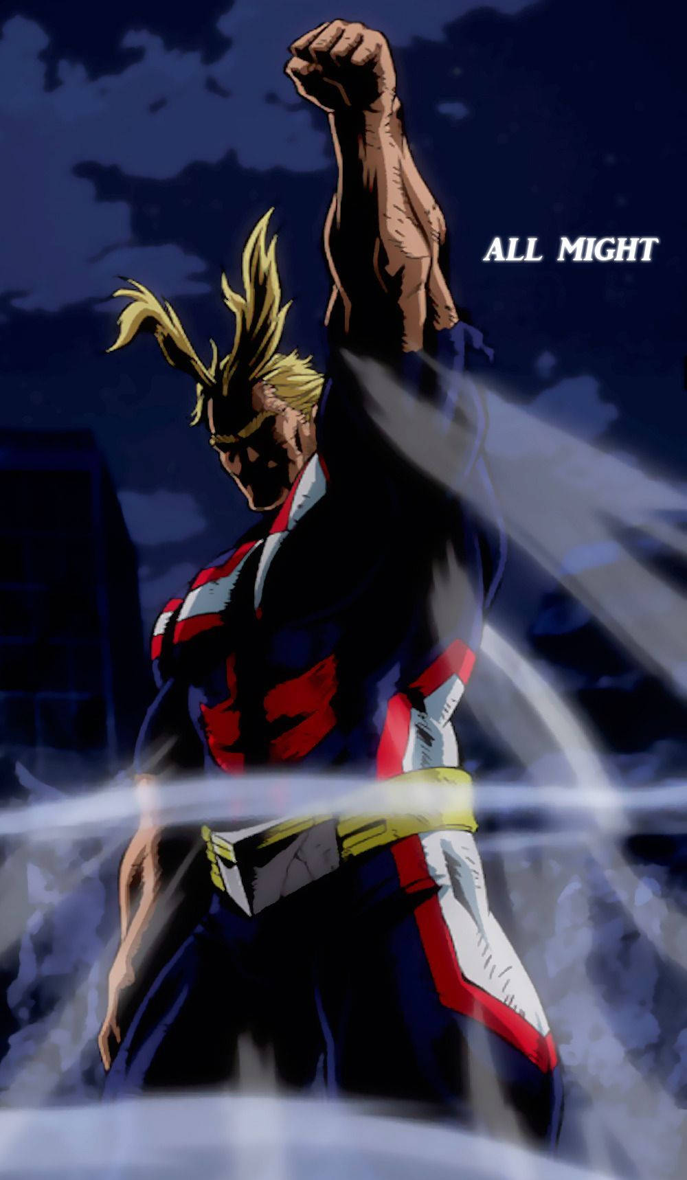 英雄 All Might 在黑暗的天空下以強勢姿態舉起拳頭。