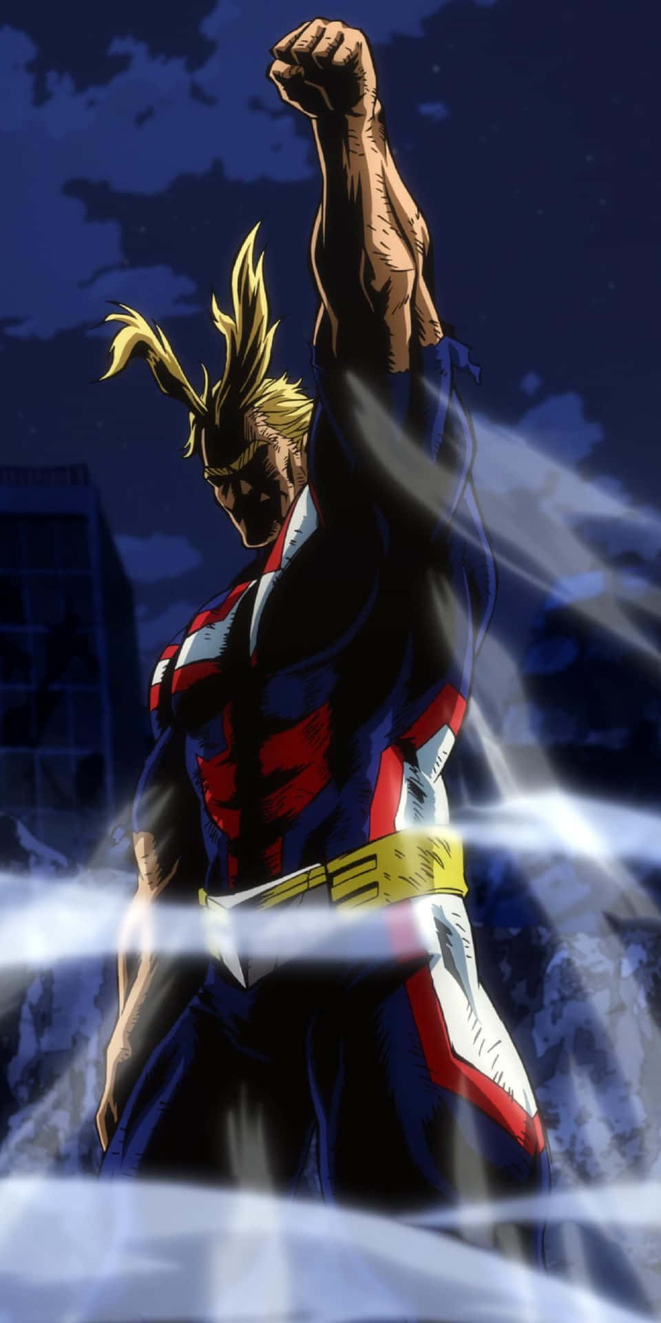 All Might 高舉拳頭畫面 壁紙 — 一個肌肉發達的動漫英雄，金色刺蝟頭，在黑暗的城市天際線前舉起拳頭，周圍有發光的能量湧動。