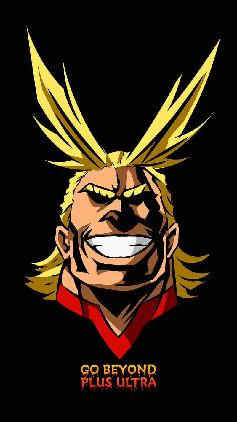 動漫英雄，尖刺金髮和紅色領子，帶著兇猛的笑容，配有'GO BEYOND PLUS ULTRA'文字。