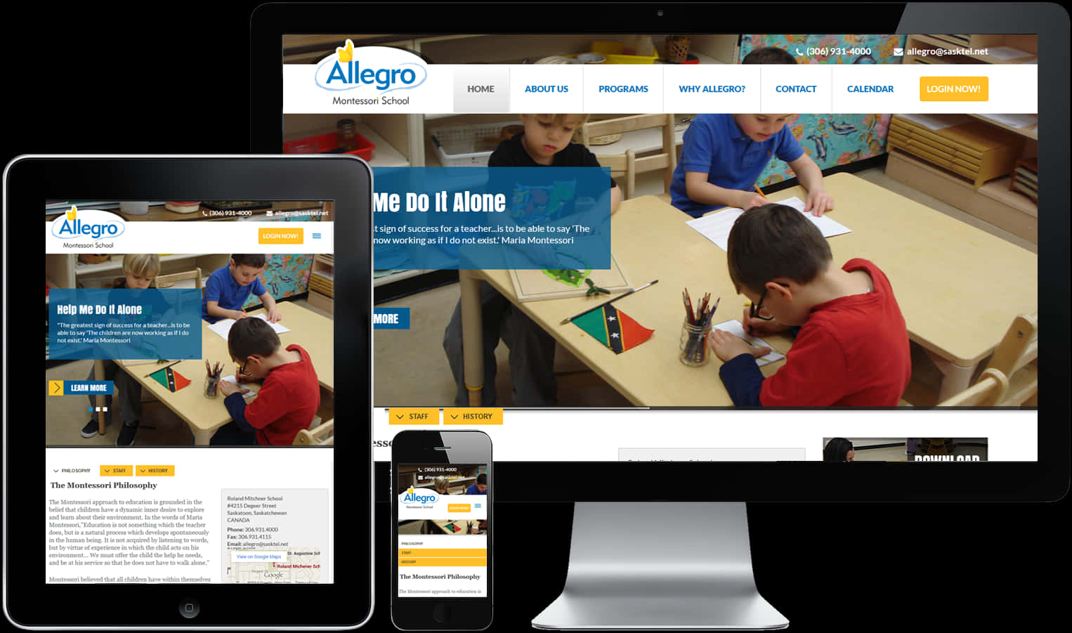 Allegro 蒙特梭利學校網站響應式設計 壁紙 — 孩子們專注於木桌前的藝術項目，同時蒙特梭利學校網站顯示在桌面、平板和手機屏幕上。