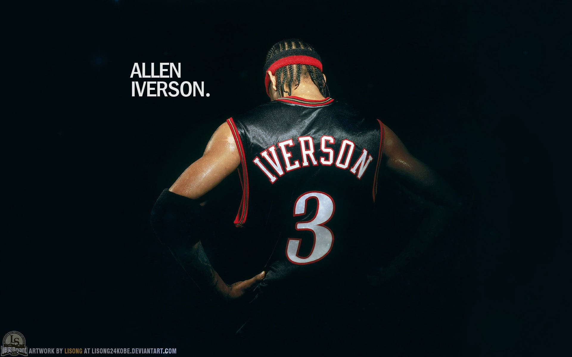 Allen Iverson 身穿黑色球衣號碼3，紅色飾邊，雙手叉腰站立。