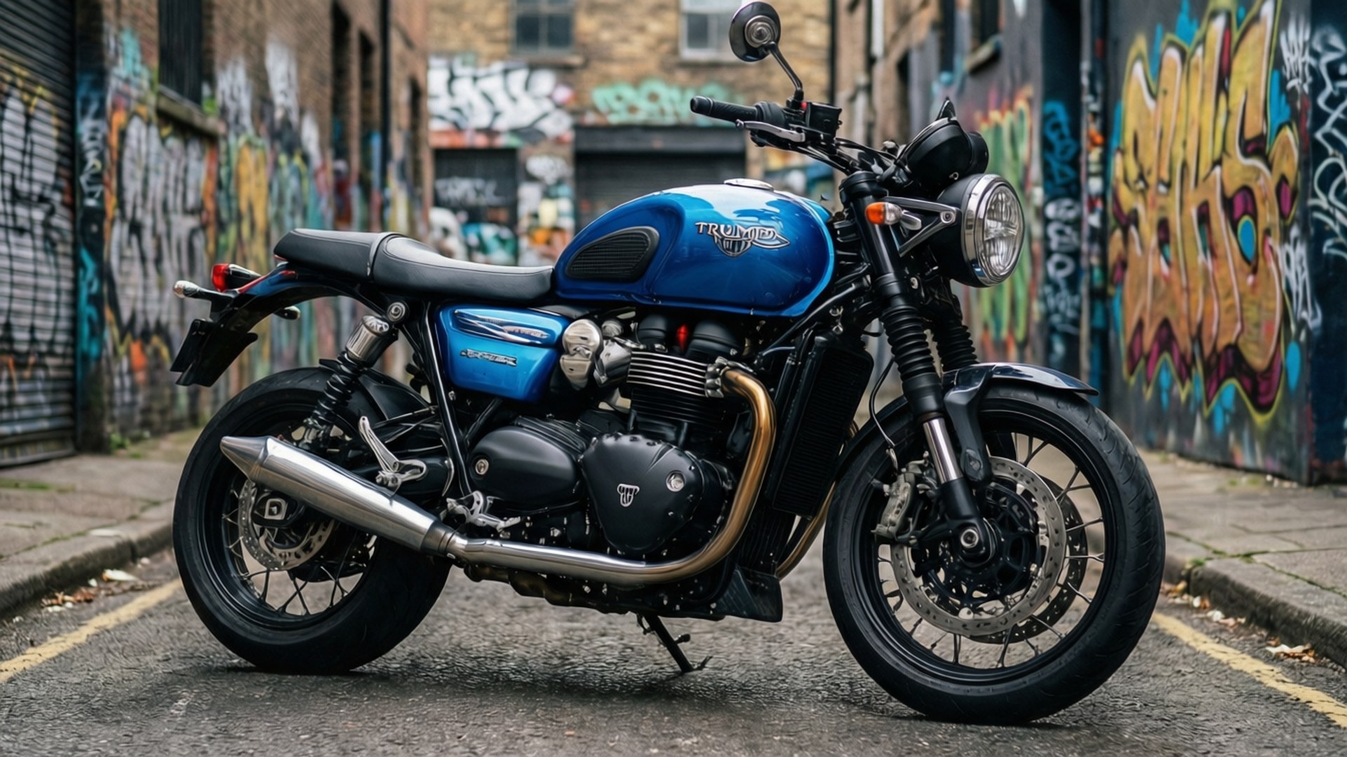 藍色 Triumph 電單車停泊在佈滿塗鴉的街道上，後面有磚砌建築。