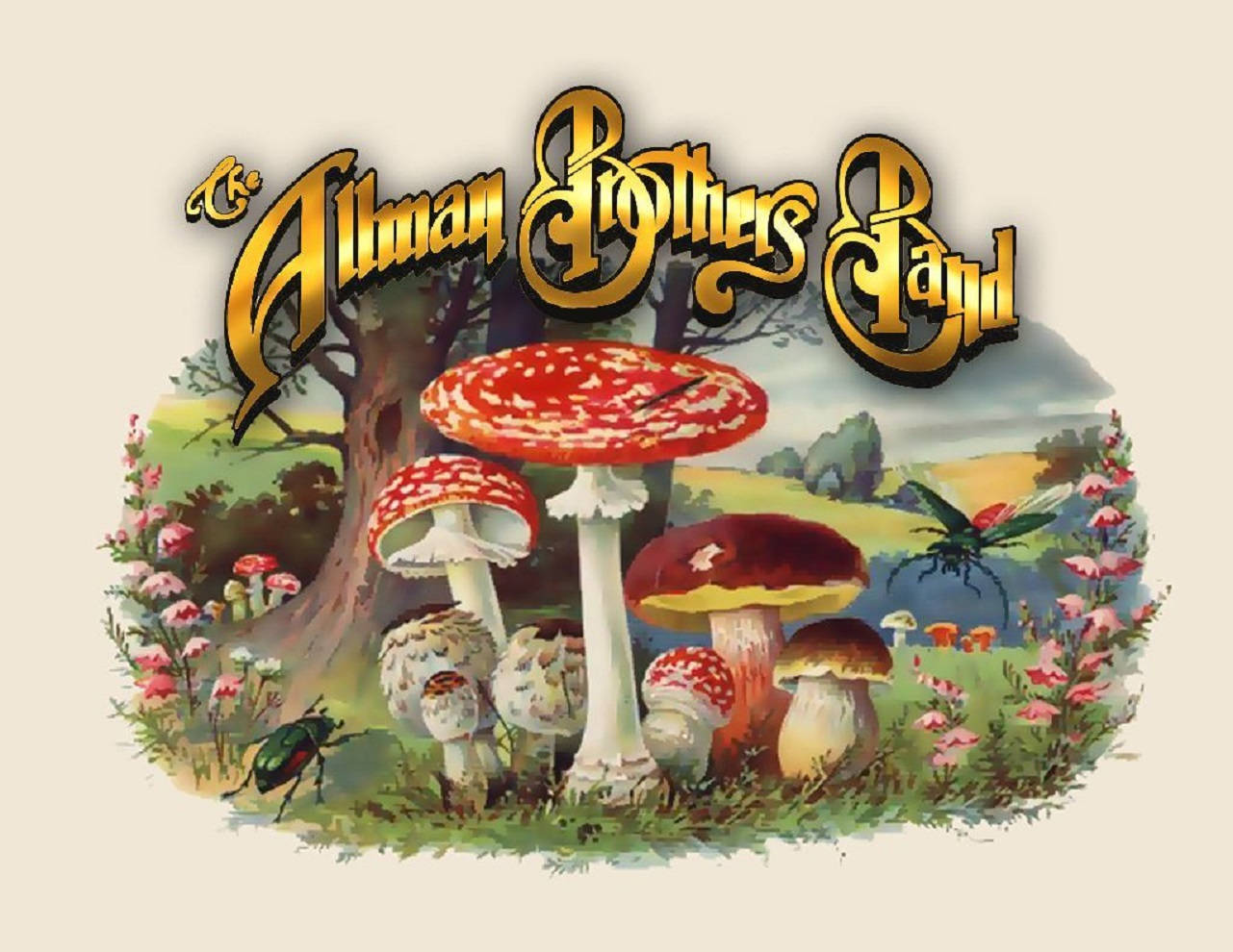 Allman Brothers Band 知名專輯封面 壁紙 — 金色文字下的奇幻森林場景中巨型蘑菇和昆蟲的復古插圖。